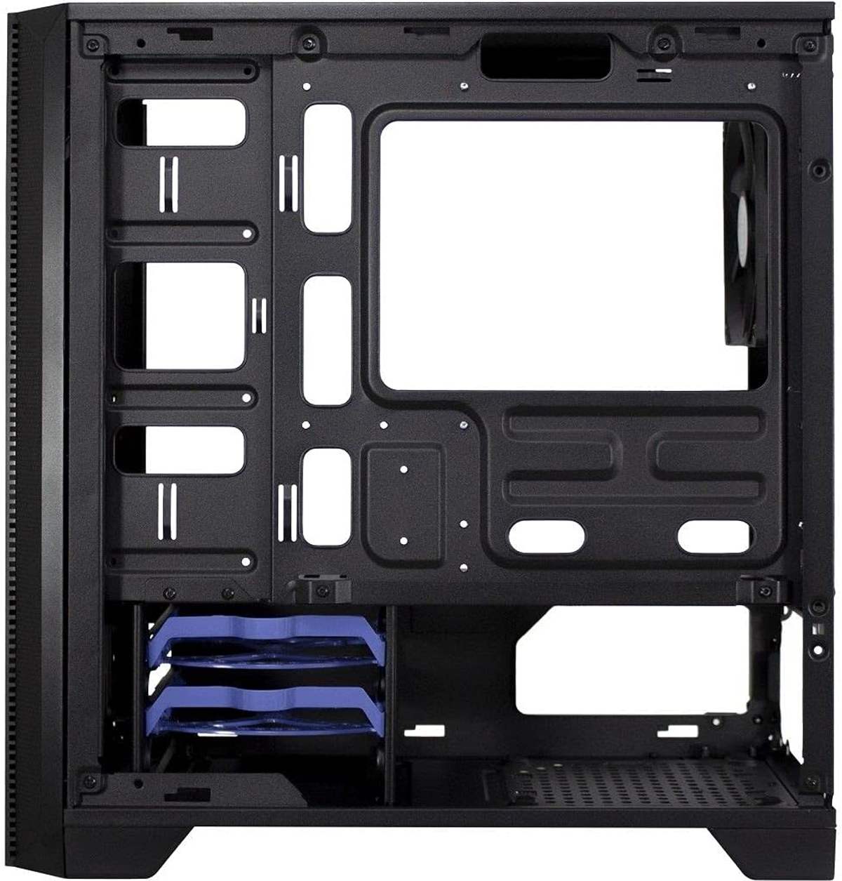 Innerhalb eines schwarzen Computergehäuses mit blauen Festplattenfächern. Weißer Hintergrund.
