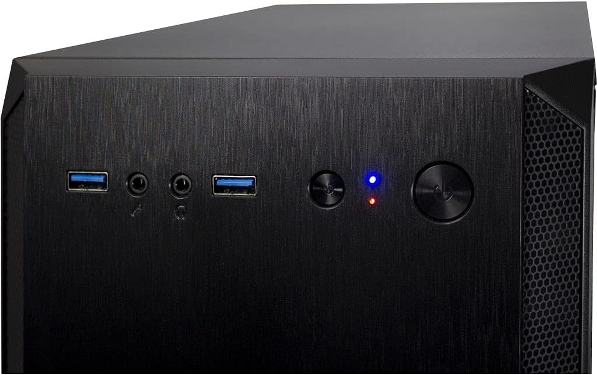 Nahaufnahme der Vorderseite eines schwarzen Computergehäuses mit USB-Anschlüssen, Audioanschlüssen und Einschalttasten.