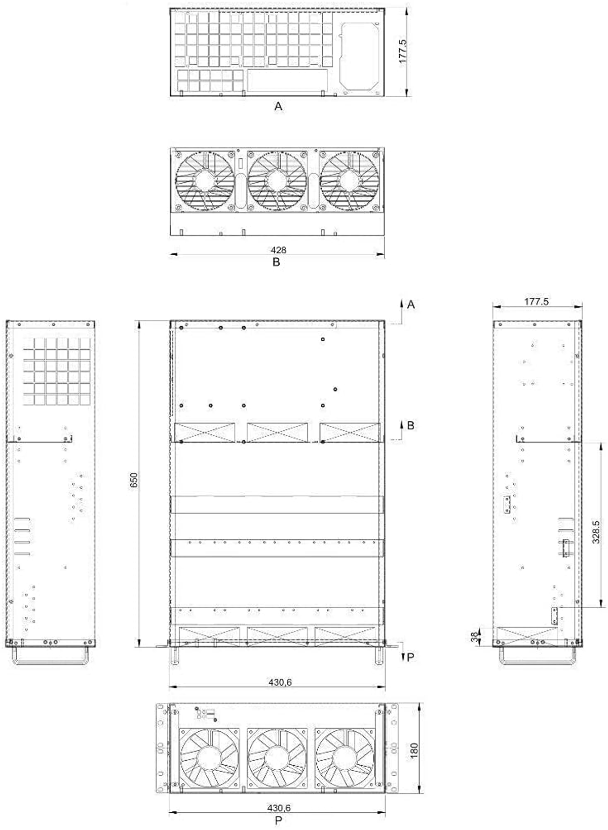 Rysunki techniczne prostokątnego elementu maszyny z wentylatorami. Wymiary są opisane.