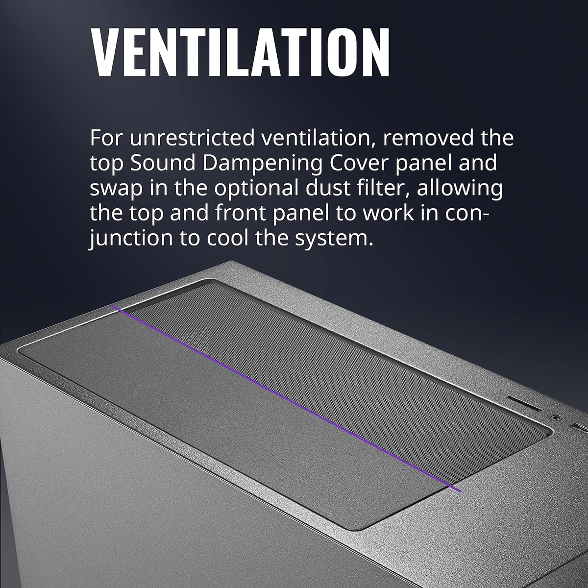 A computer case top with a mesh panel and text about ventilation.