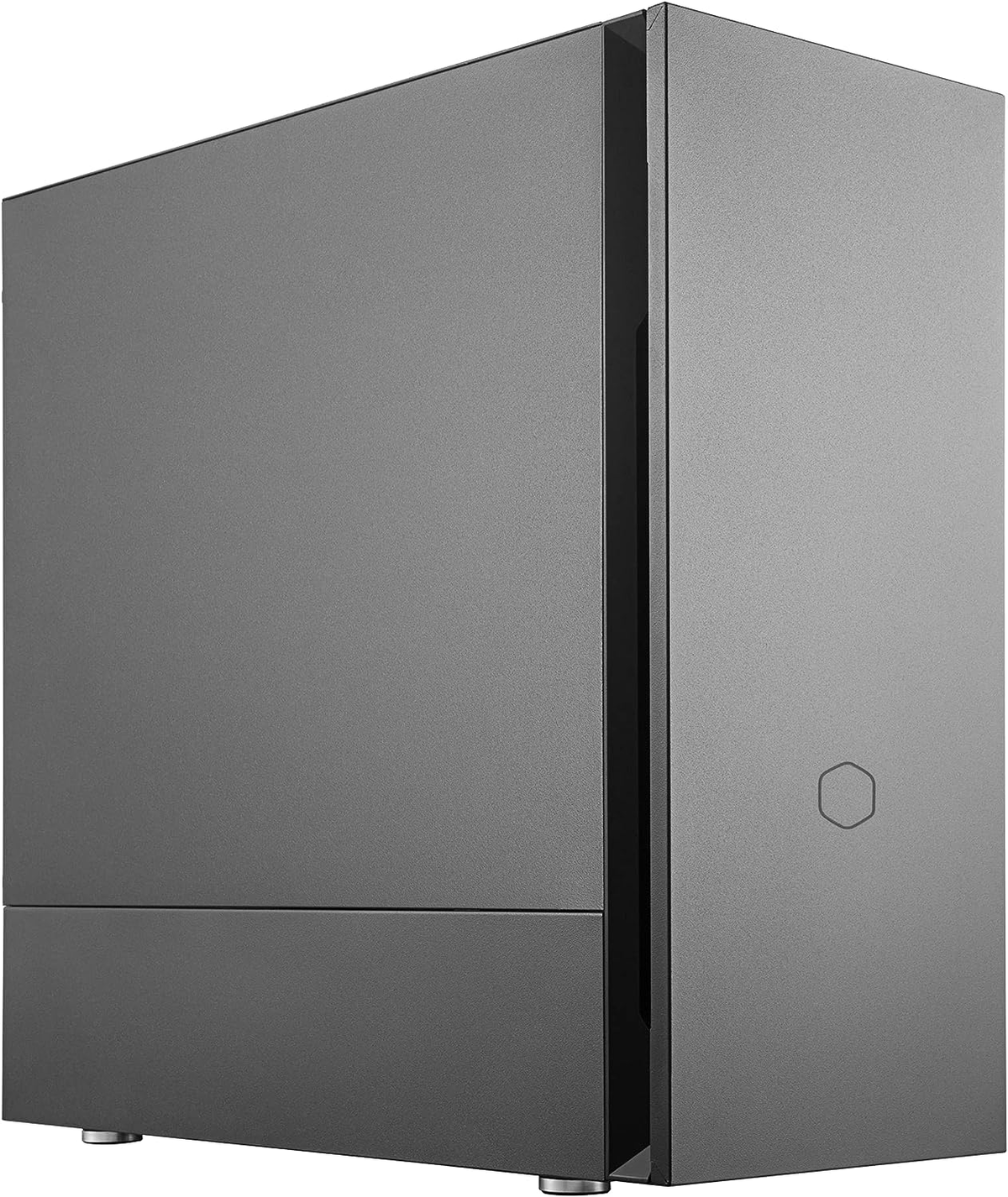 A grey computer case with a simple design, including a power button. It is on a white background.