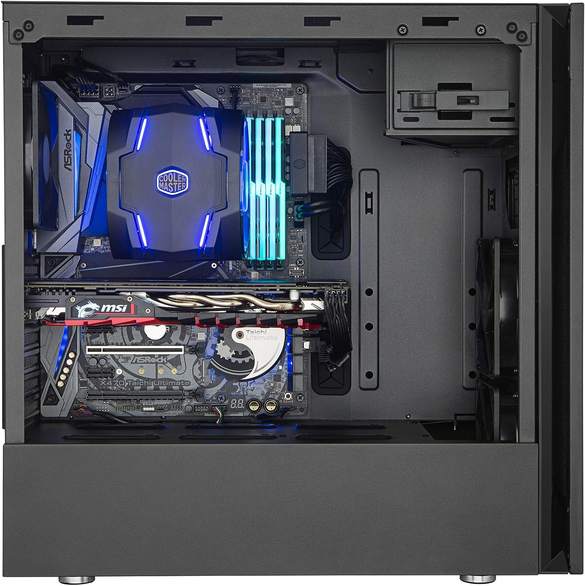 A computer case interior showing a motherboard, CPU cooler, RAM, and a graphics card.