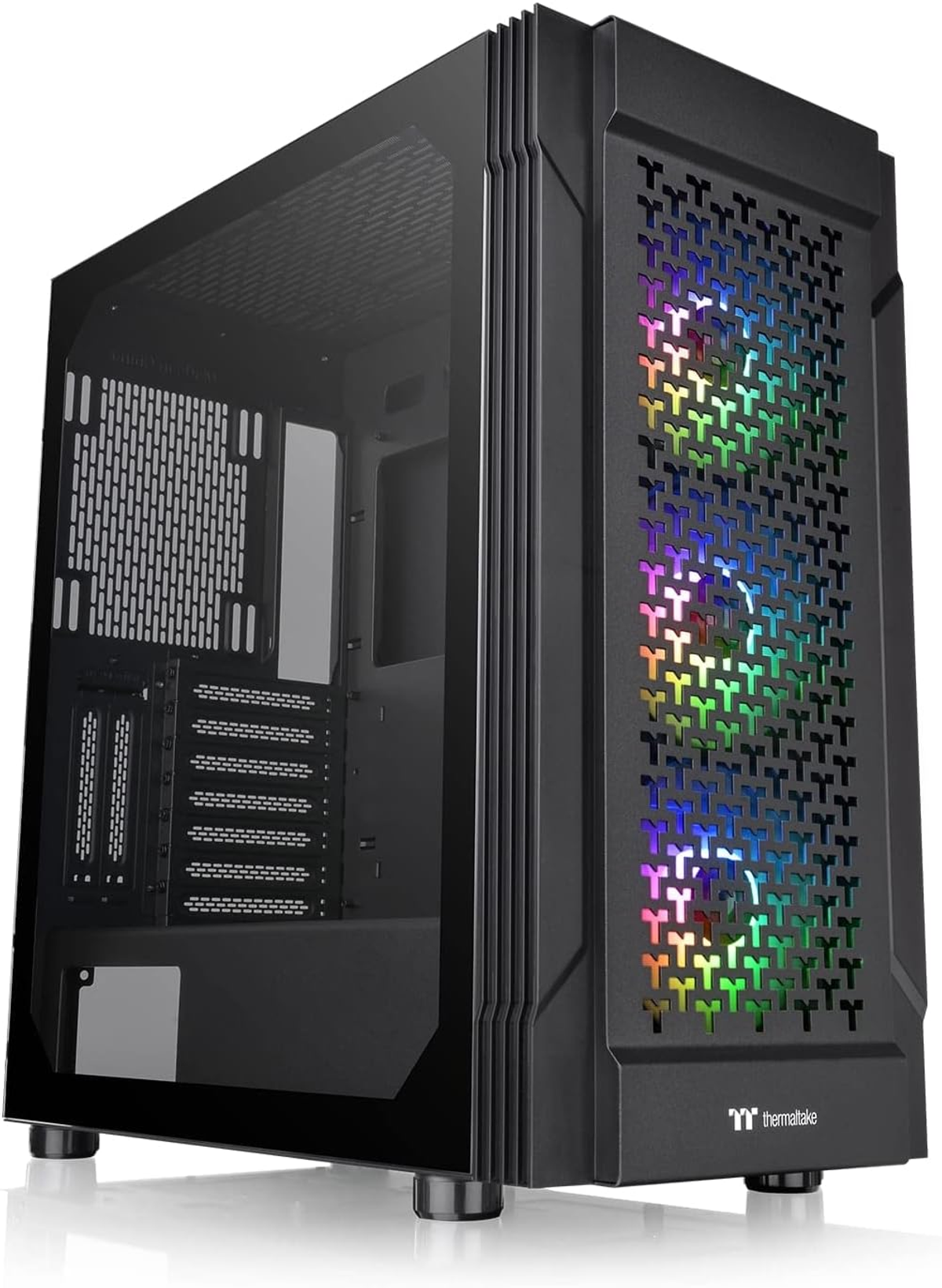 Czarna obudowa komputera ze szklanym panelem bocznym, przednie światła RGB. Marka Thermaltake.