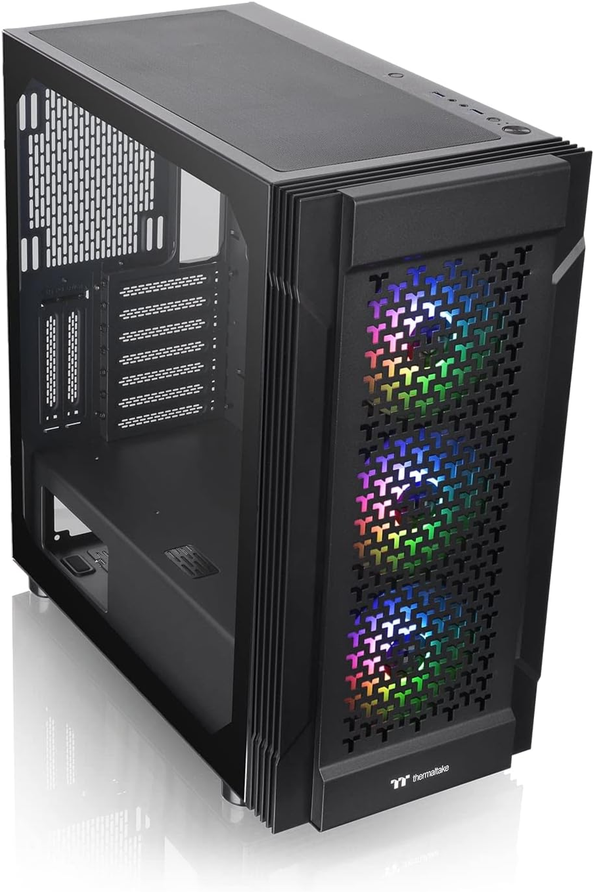 Czarna obudowa komputera ze szklanym panelem bocznym, pokazująca wewnętrzne komponenty i wentylatory LED. Logo Thermaltake.