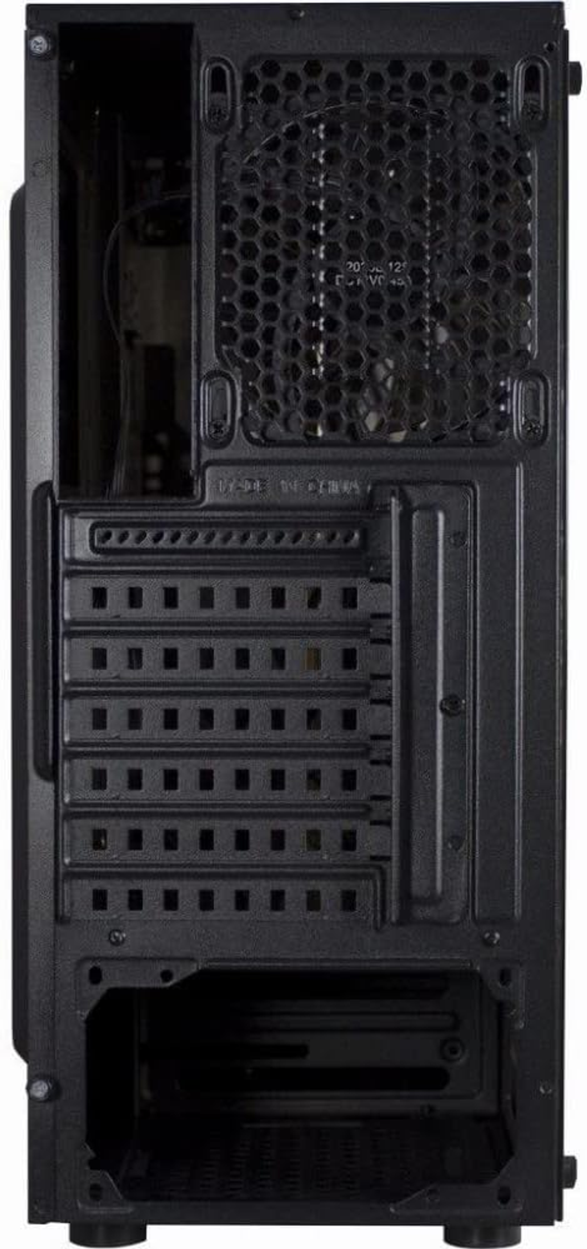 Tył czarnej obudowy komputera z wentylacją i gniazdami dla różnych komponentów.