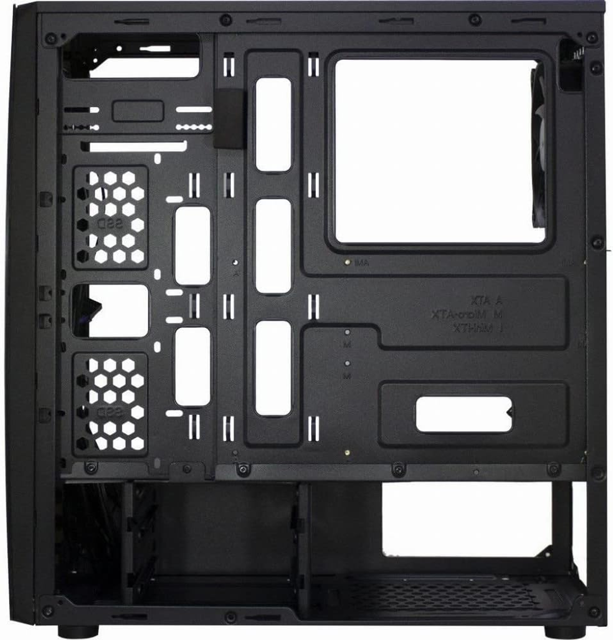Wnętrze obudowy komputera, czarne. Pokazuje zatoki na napędy i punkty montażowe.