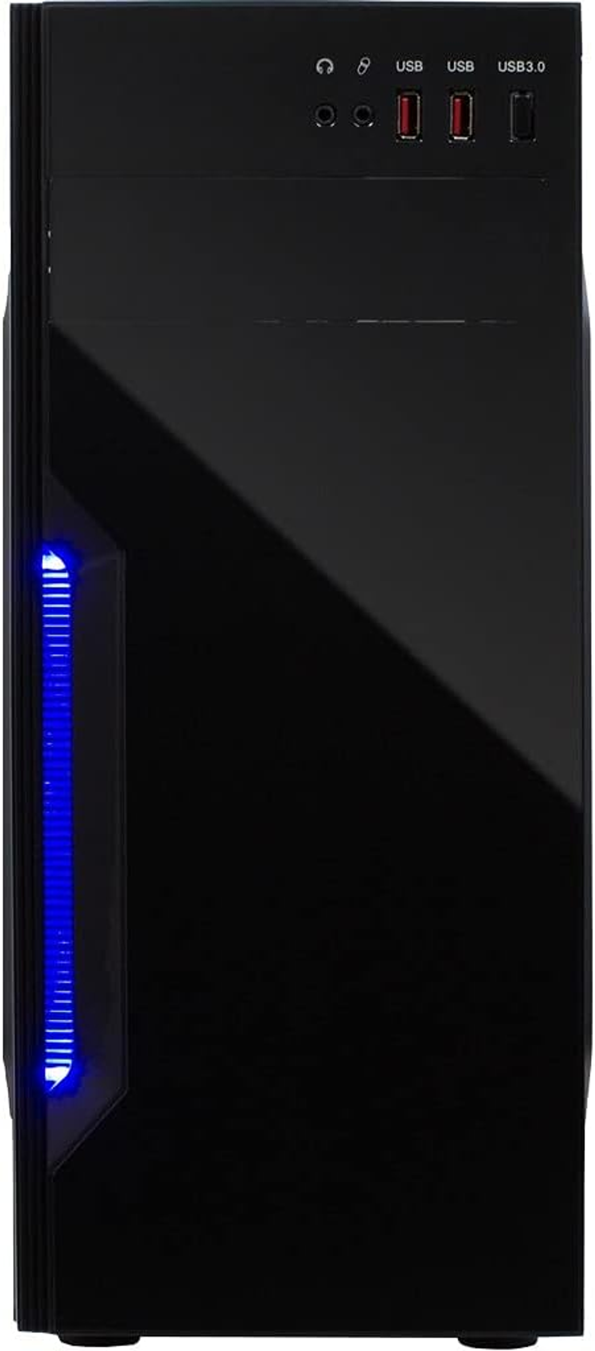 Czarna obudowa komputera. Posiada porty USB i niebieski pasek świetlny z przodu.