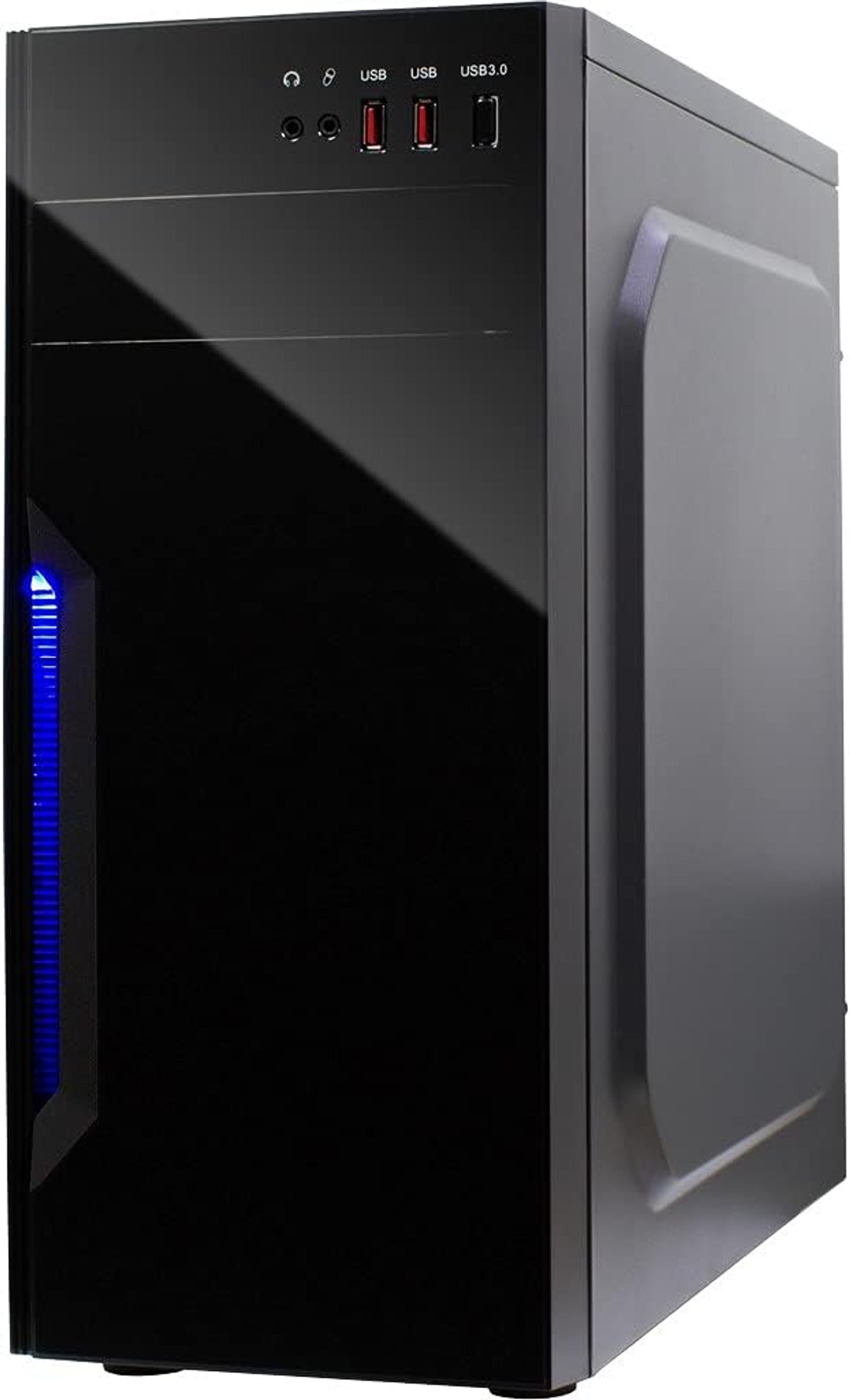 Mały, ciemnoszary komputer. Posiada przycisk zasilania, porty USB i gniazdo audio.