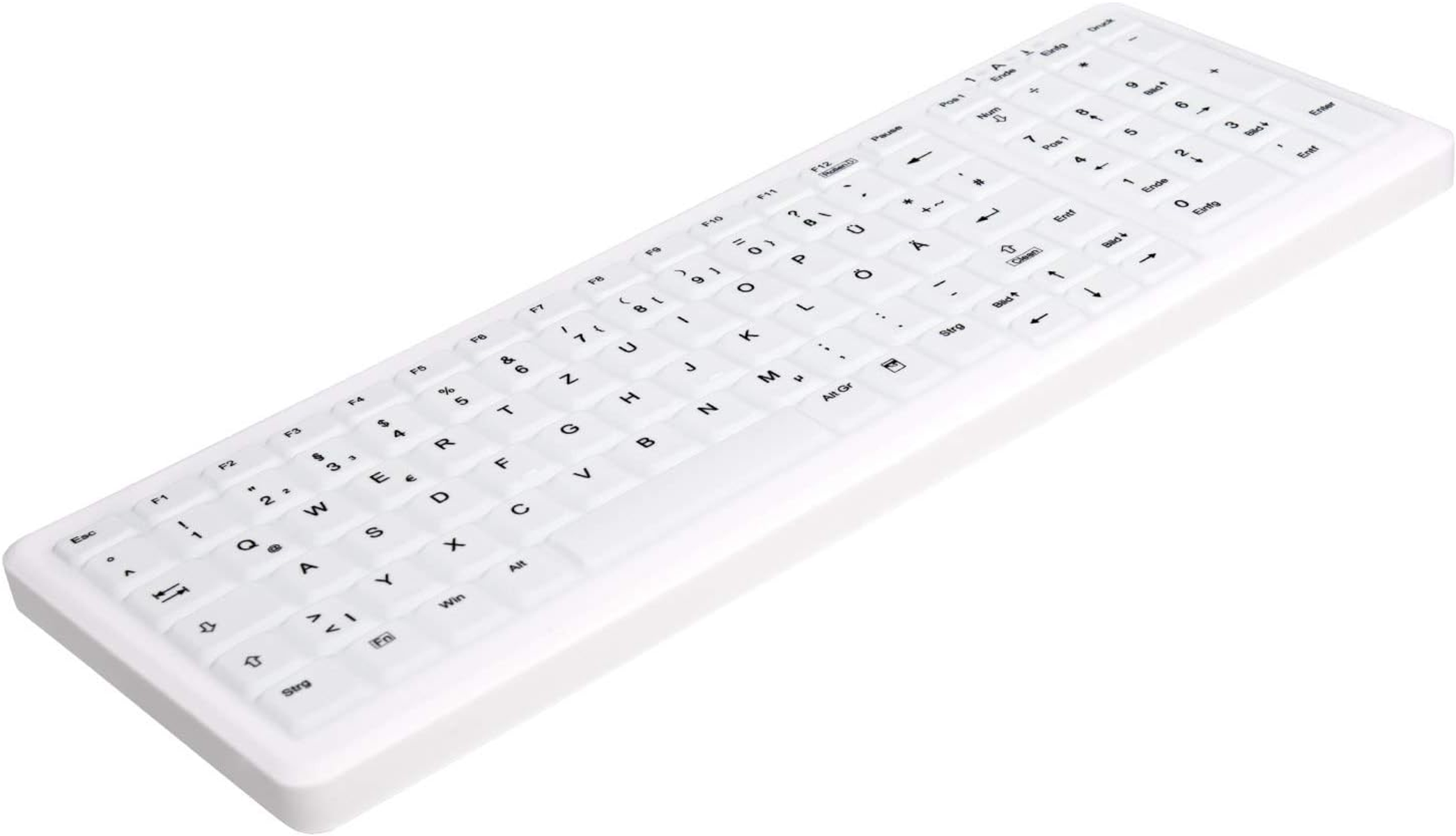 Biała, elastyczna klawiatura z czarnymi literami i symbolami. Leży na białej powierzchni.