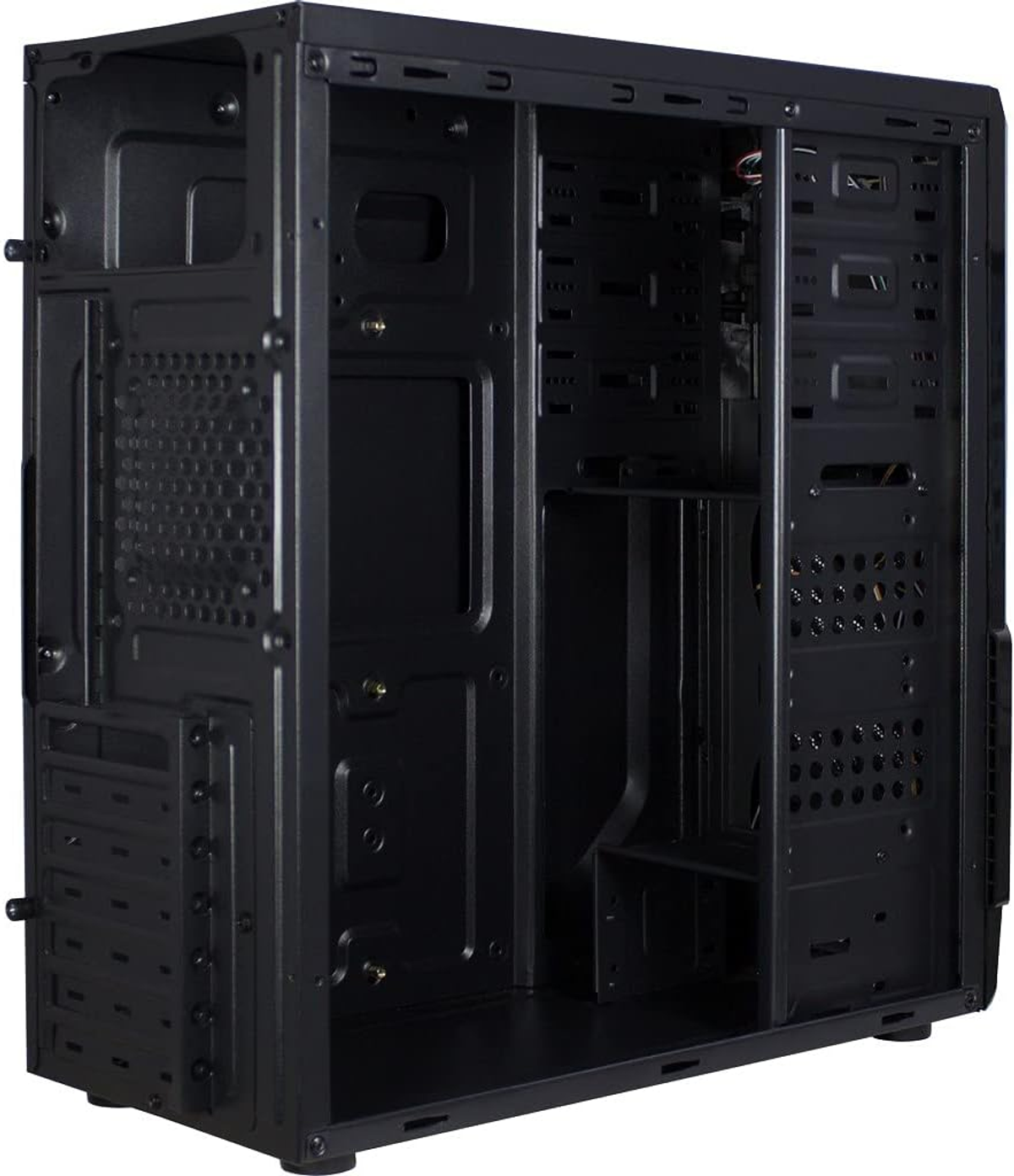 Czarna obudowa komputera, widok od wewnątrz, pokazujący strukturę wewnętrzną.