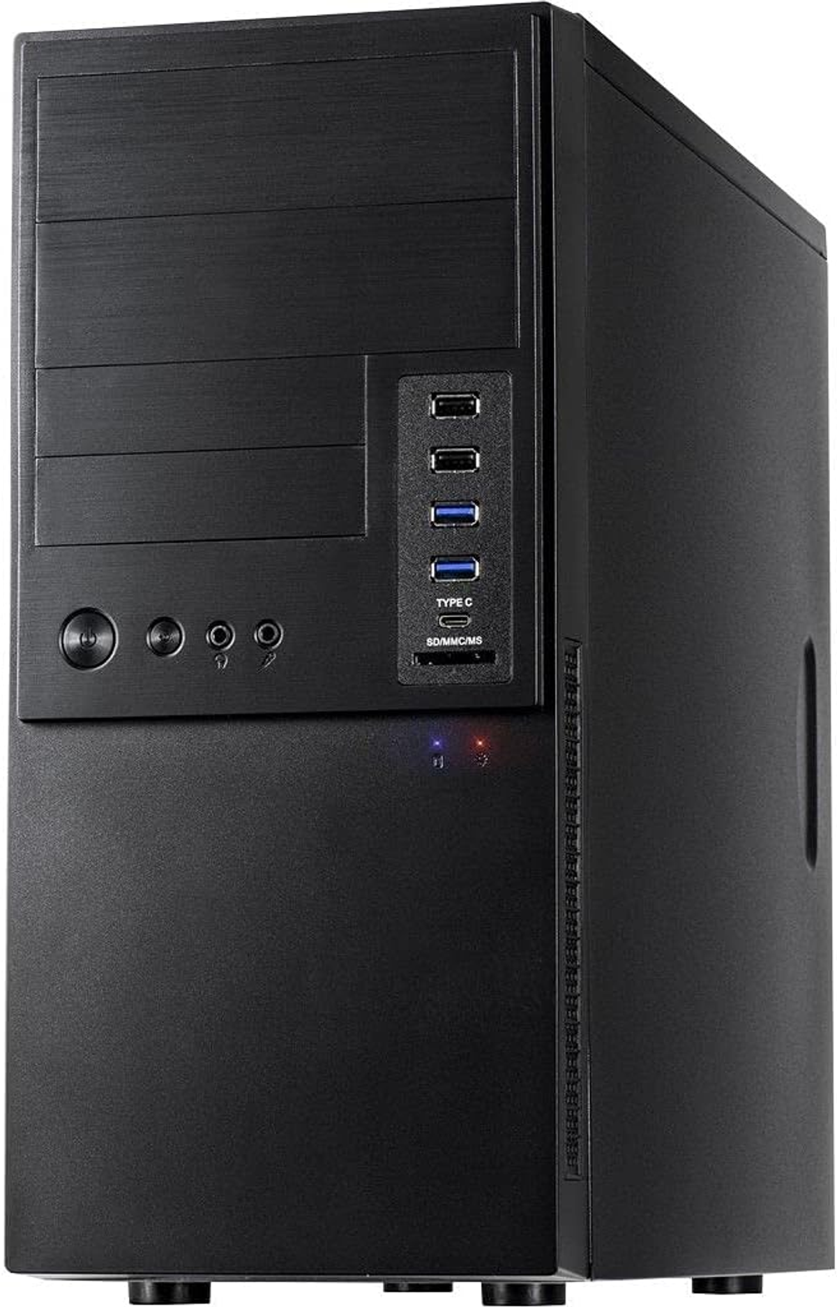 Ein schwarzes Computergehäuse mit mehreren Anschlüssen auf der Frontplatte.