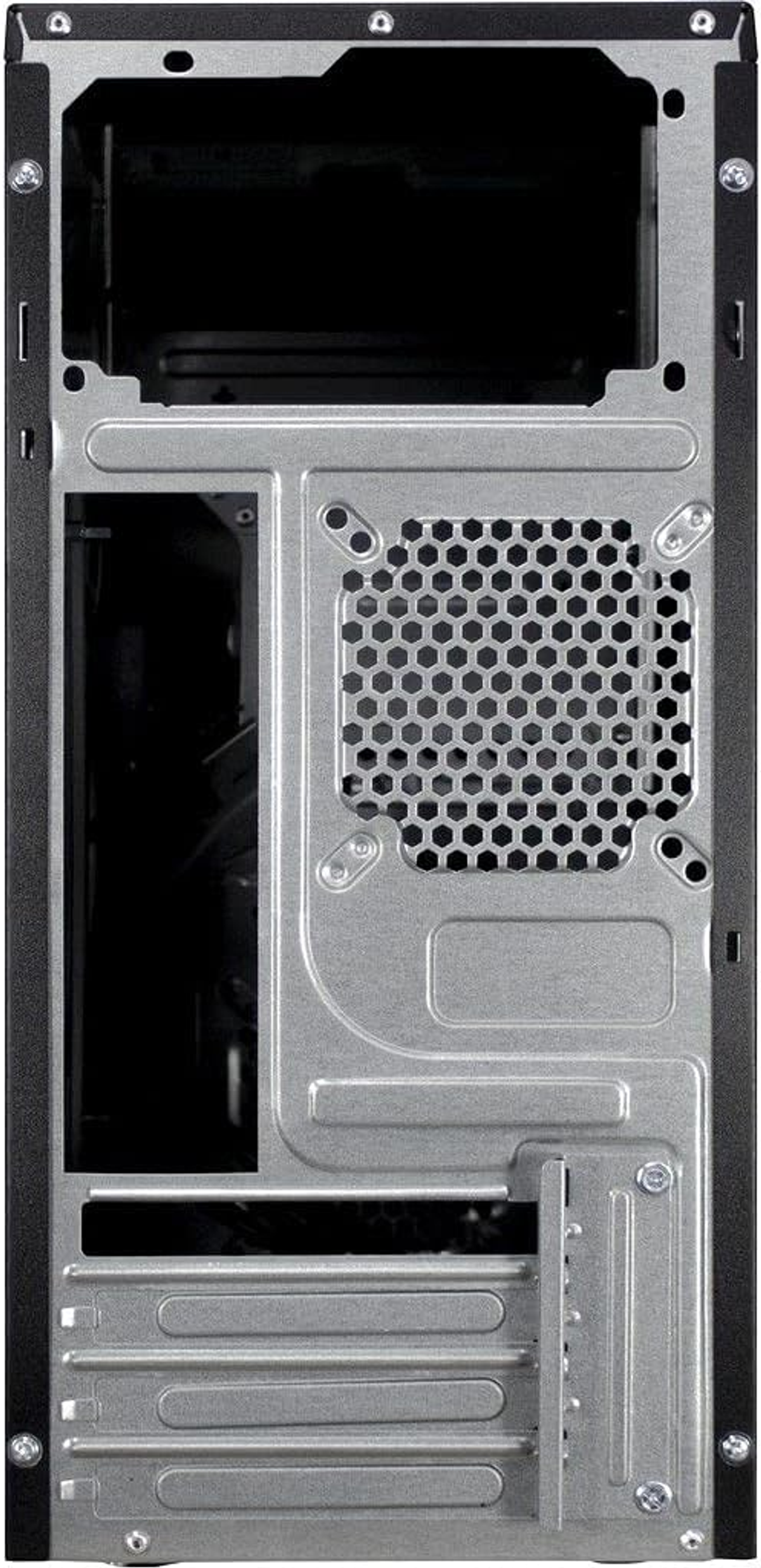 Rückansicht eines Computergehäuses mit internen Komponenten, Metall und Schwarz.