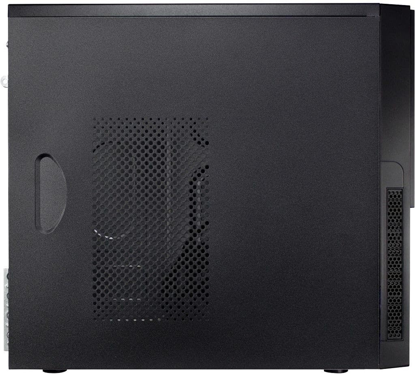 Seitenansicht eines schwarzen Computergehäuses mit Lüfter.