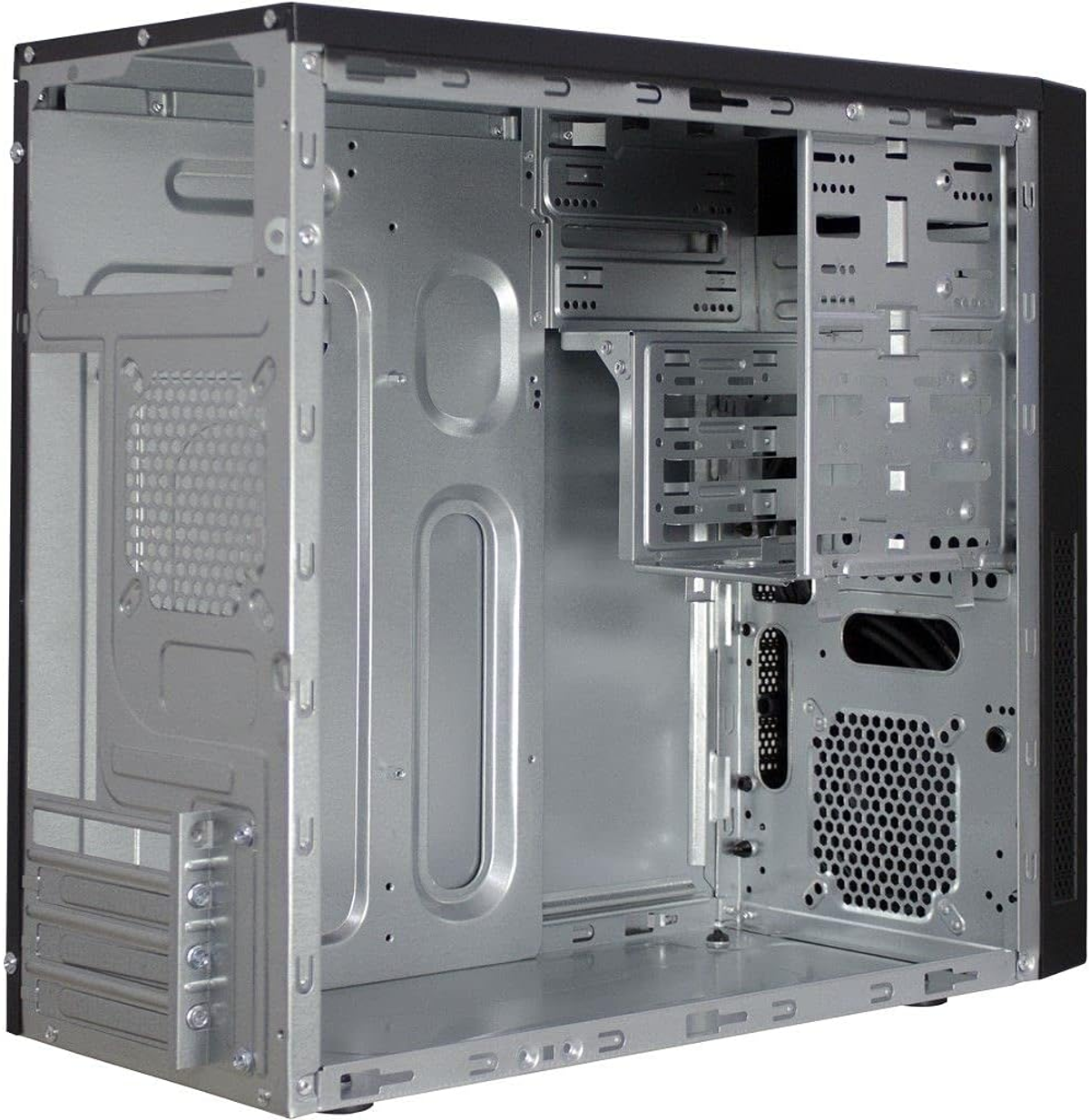 Leeres Computergehäuse. Silberner Metallrahmen, schwarze Akzente. Offenes Design, verschiedene Befestigungspunkte sichtbar.