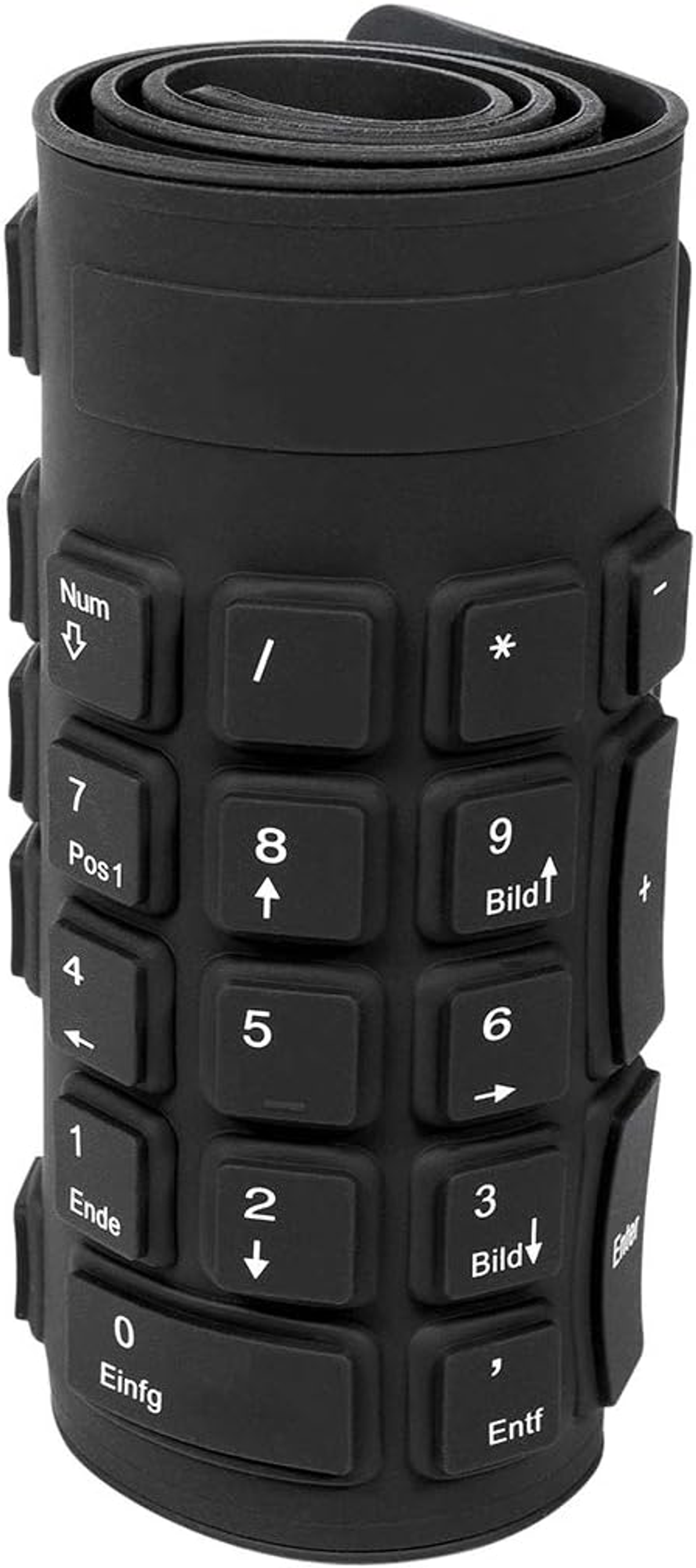 Zwinięta czarna klawiatura z klawiszami numerycznymi. Klawisze mają białe znaki.