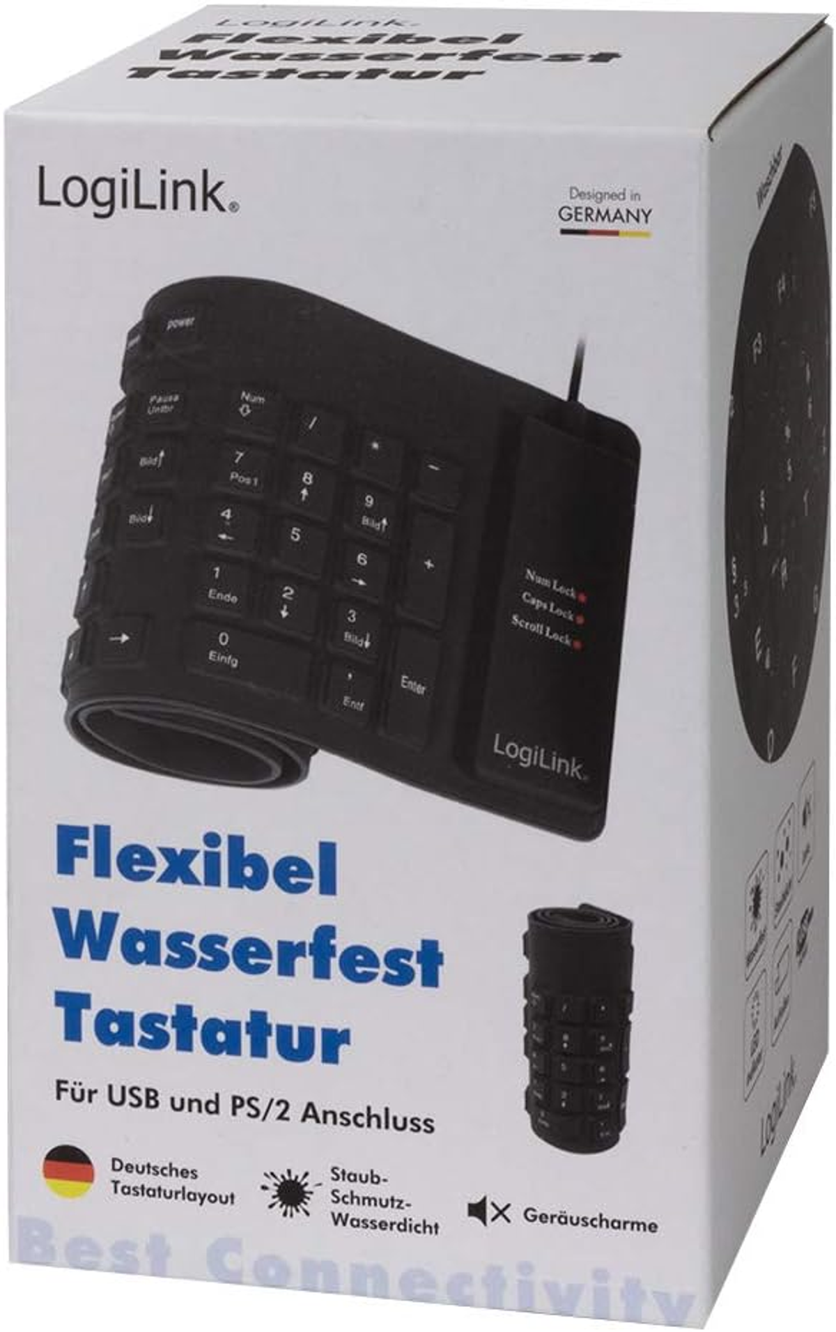 Pudełko z czarną elastyczną klawiaturą. Tekst niemiecki. Zrolowana klawiatura widoczna.