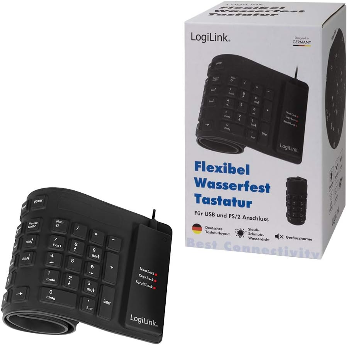 Elastyczna klawiatura i jej pudełko. Klawiatura jest czarna, a na pudełku znajduje się niemiecki tekst.