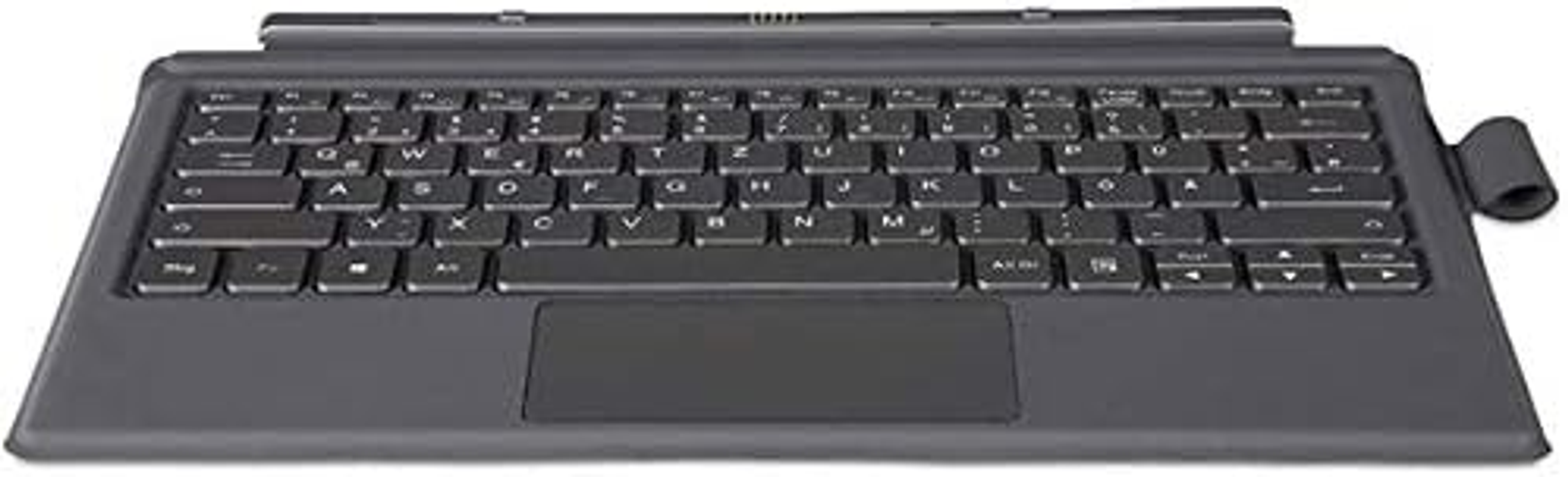 Eine dunkelgraue Tastatur mit Touchpad, isoliert auf weißem Hintergrund.