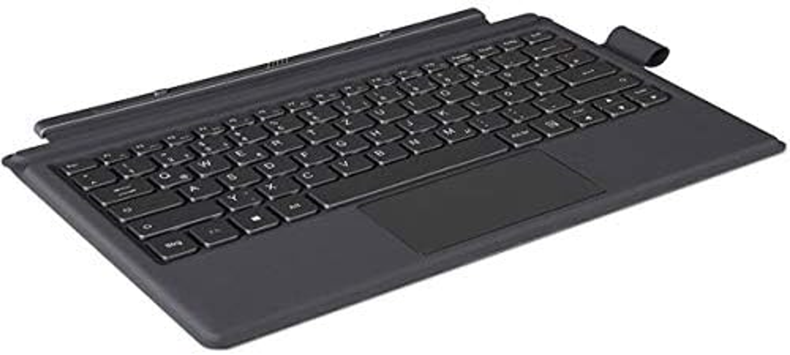 Eine schwarze Tastatur mit Touchpad. Die Tastatur ist abgewinkelt.