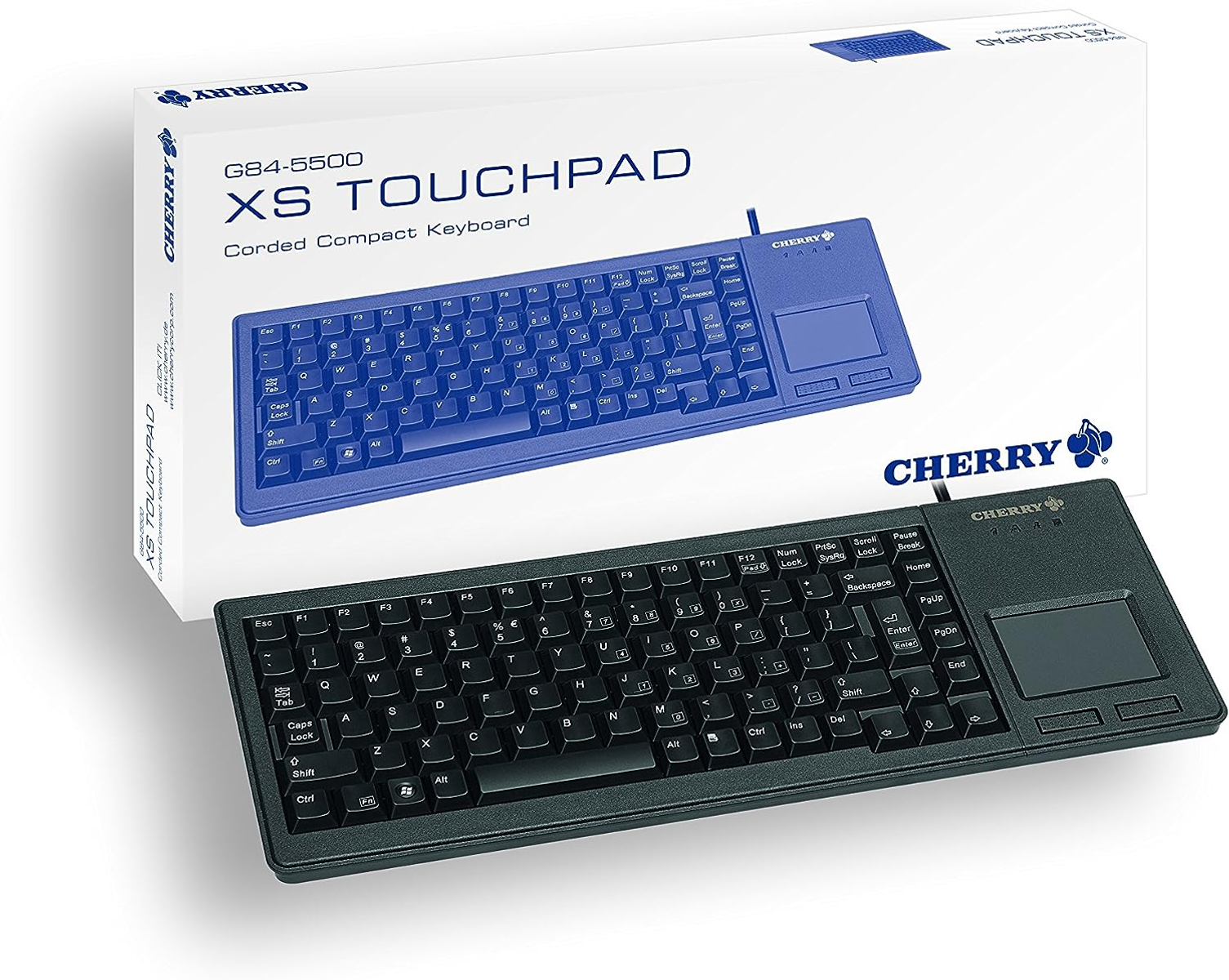 Klawiatura Cherry z pudełkiem z tyłu z napisem Cherry XS Touchpad.