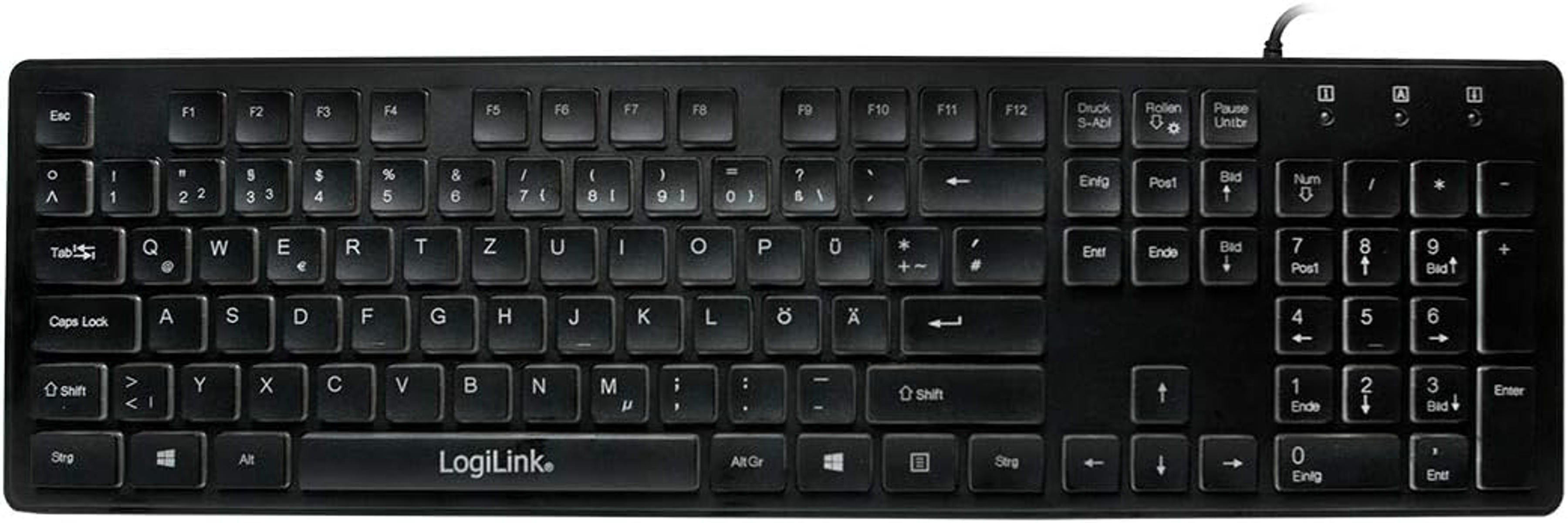 Czarna klawiatura z białymi klawiszami i literami. Klawiatura jest odizolowana na białym tle.