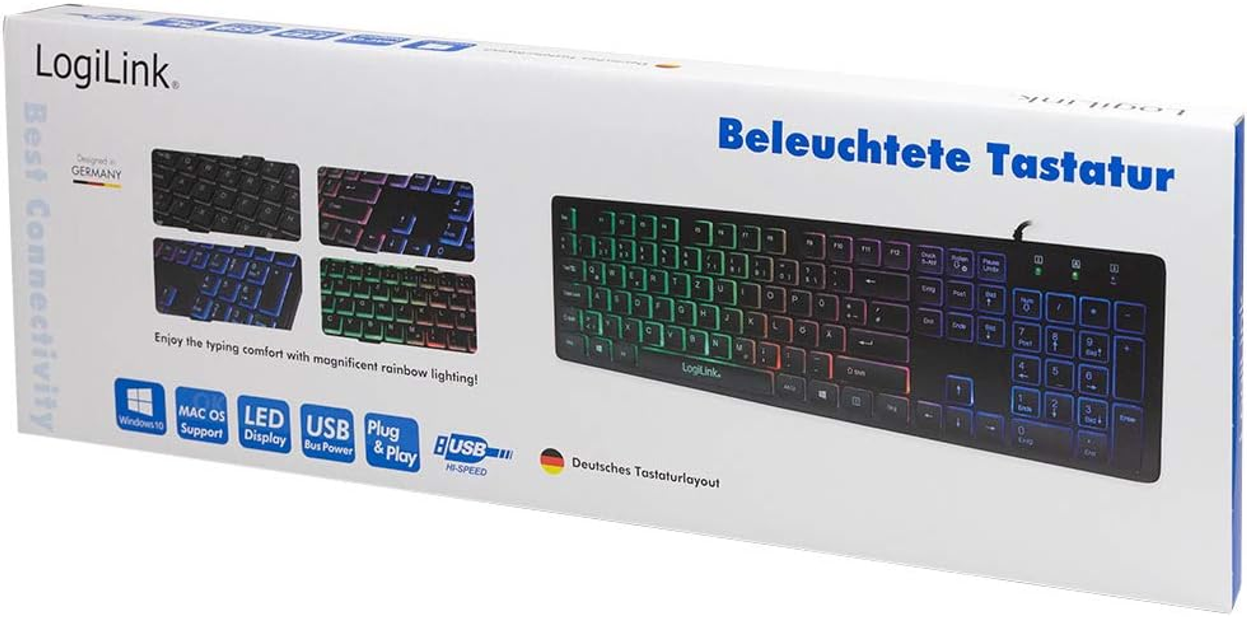 Pudełko do podświetlanej klawiatury LogiLink. Pokazuje zdjęcia klawiatury i jej funkcje.