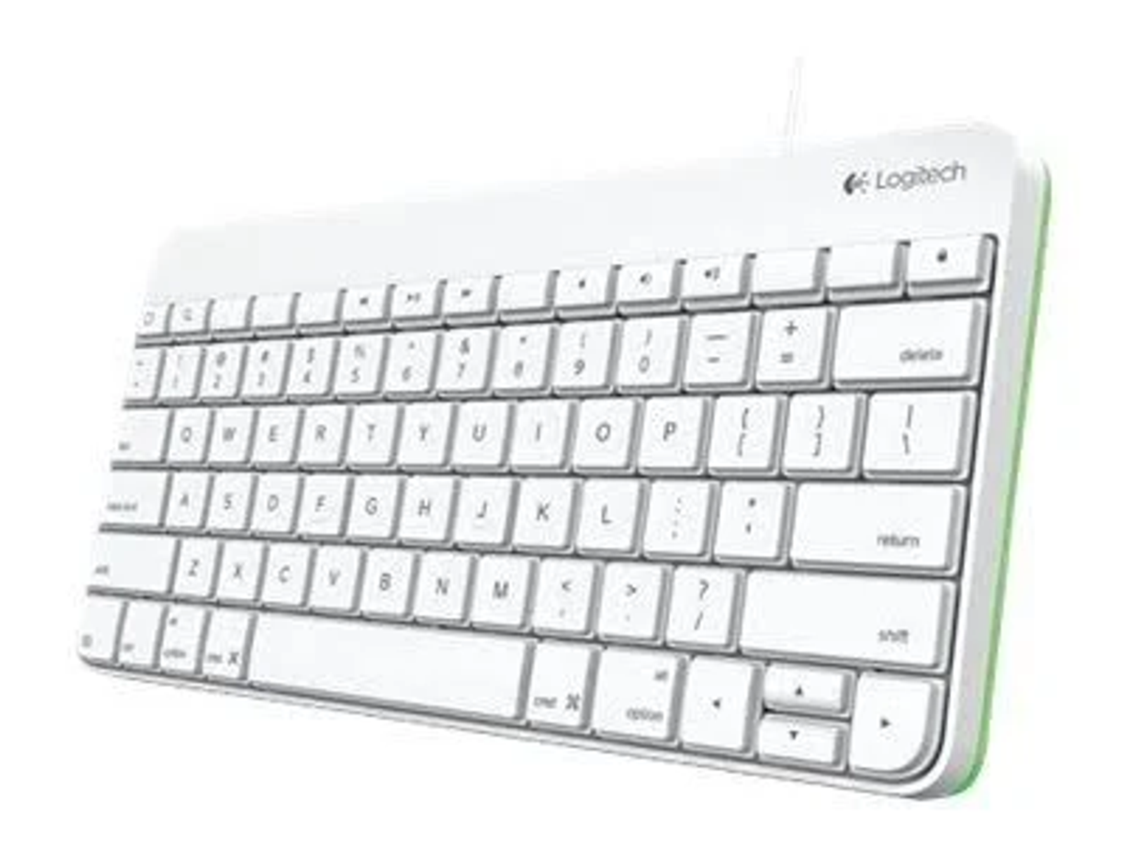Weiße Logitech-Tastatur auf weißem Hintergrund. Sie hat weiße Tasten und einen grünen Rand.