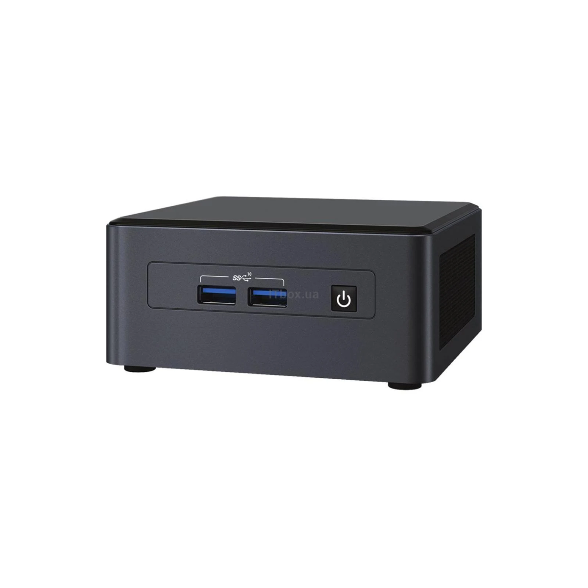 USB bağlantı noktalarına ve güç düğmesine sahip küçük siyah bilgisayar. Metin: Intel NUC, hp.ua.