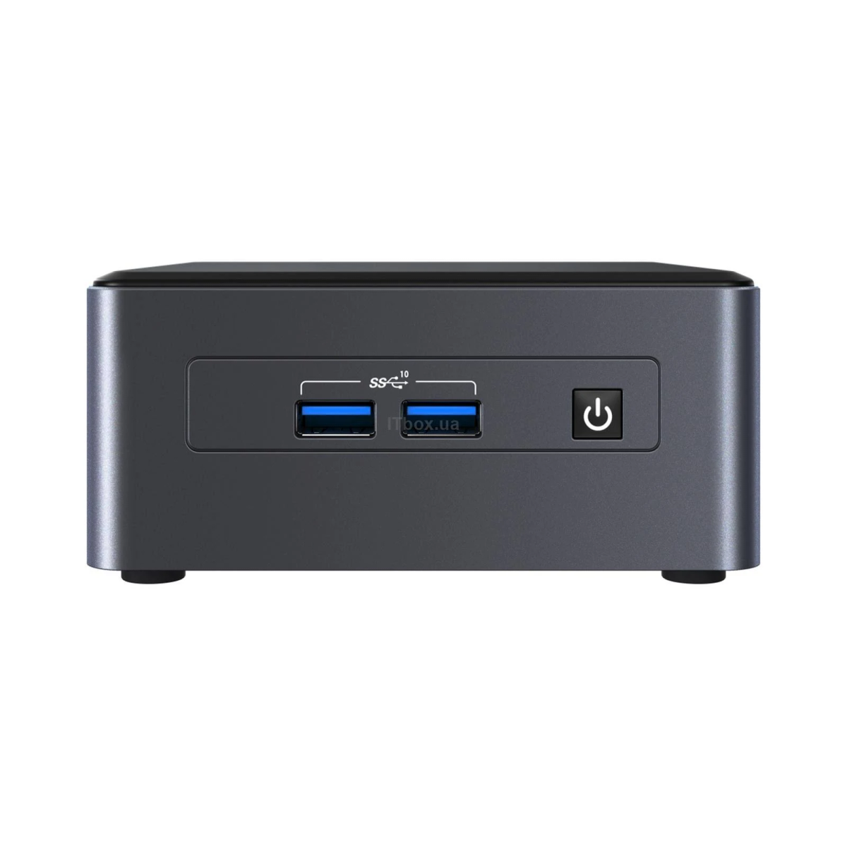 Ön tarafında iki USB bağlantı noktası ve bir güç düğmesi bulunan küçük siyah bilgisayar, muhtemelen mini PC.