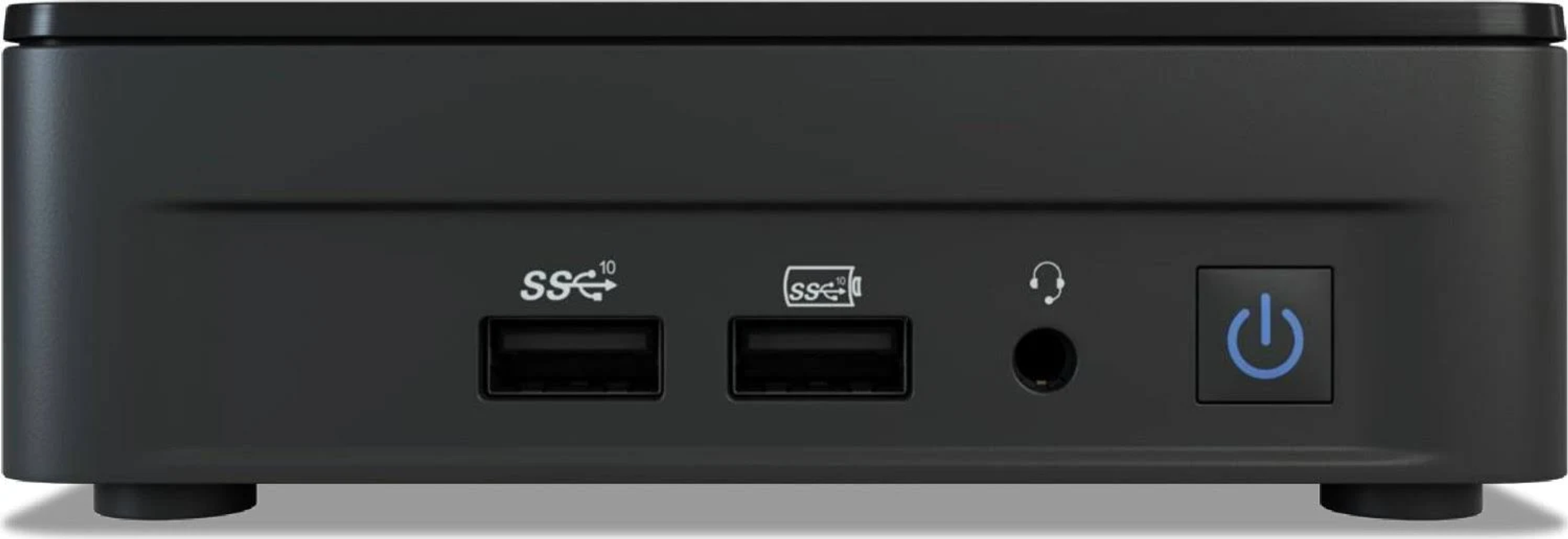 Schwarzer Mini-Computer mit Anschlüssen. Ein-Aus-Taste, 2 USB-Anschlüsse und eine Kopfhörerbuchse.