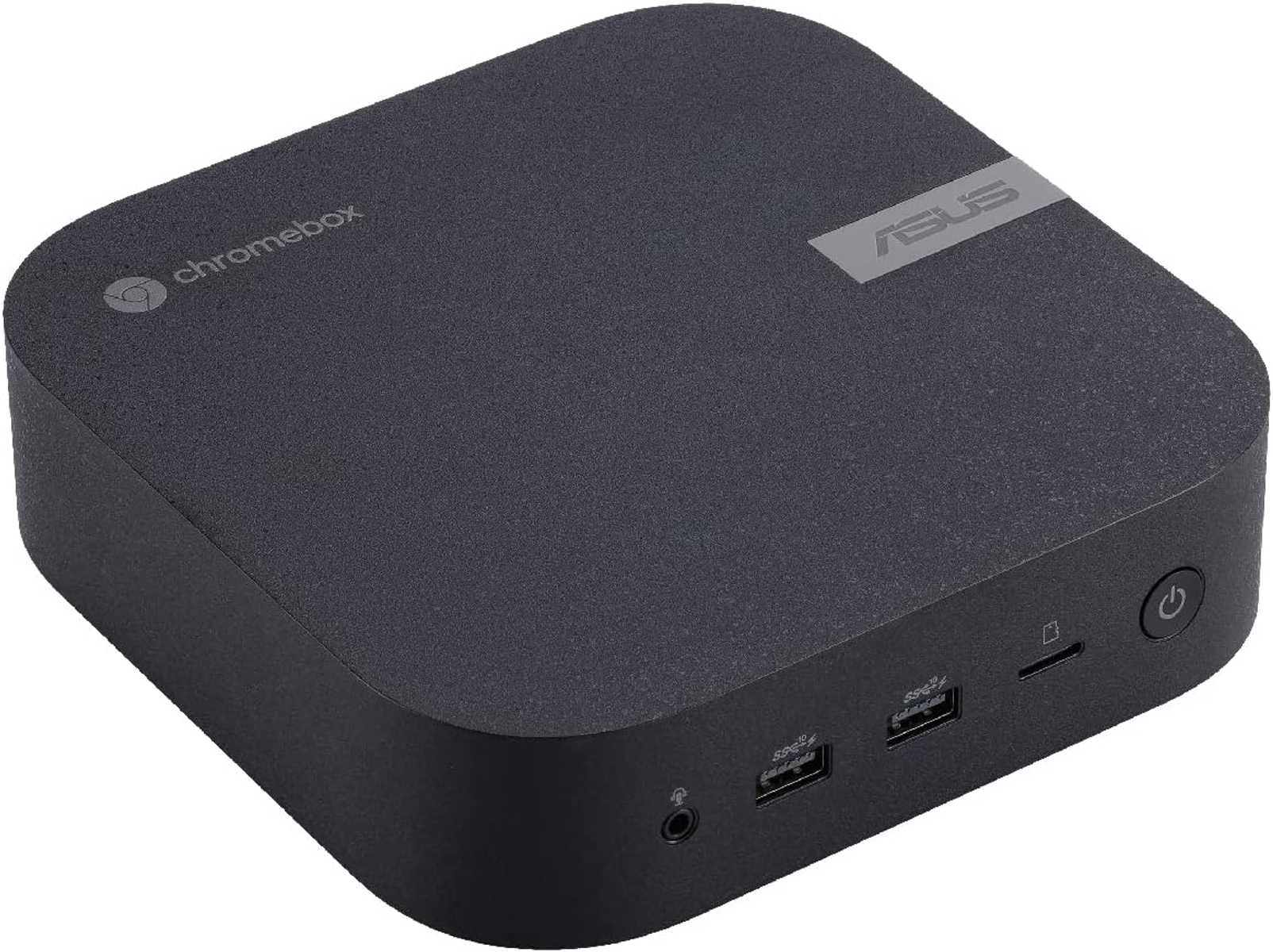 Czarny chromebox ASUS na białym tle. Ma przycisk zasilania i porty USB.