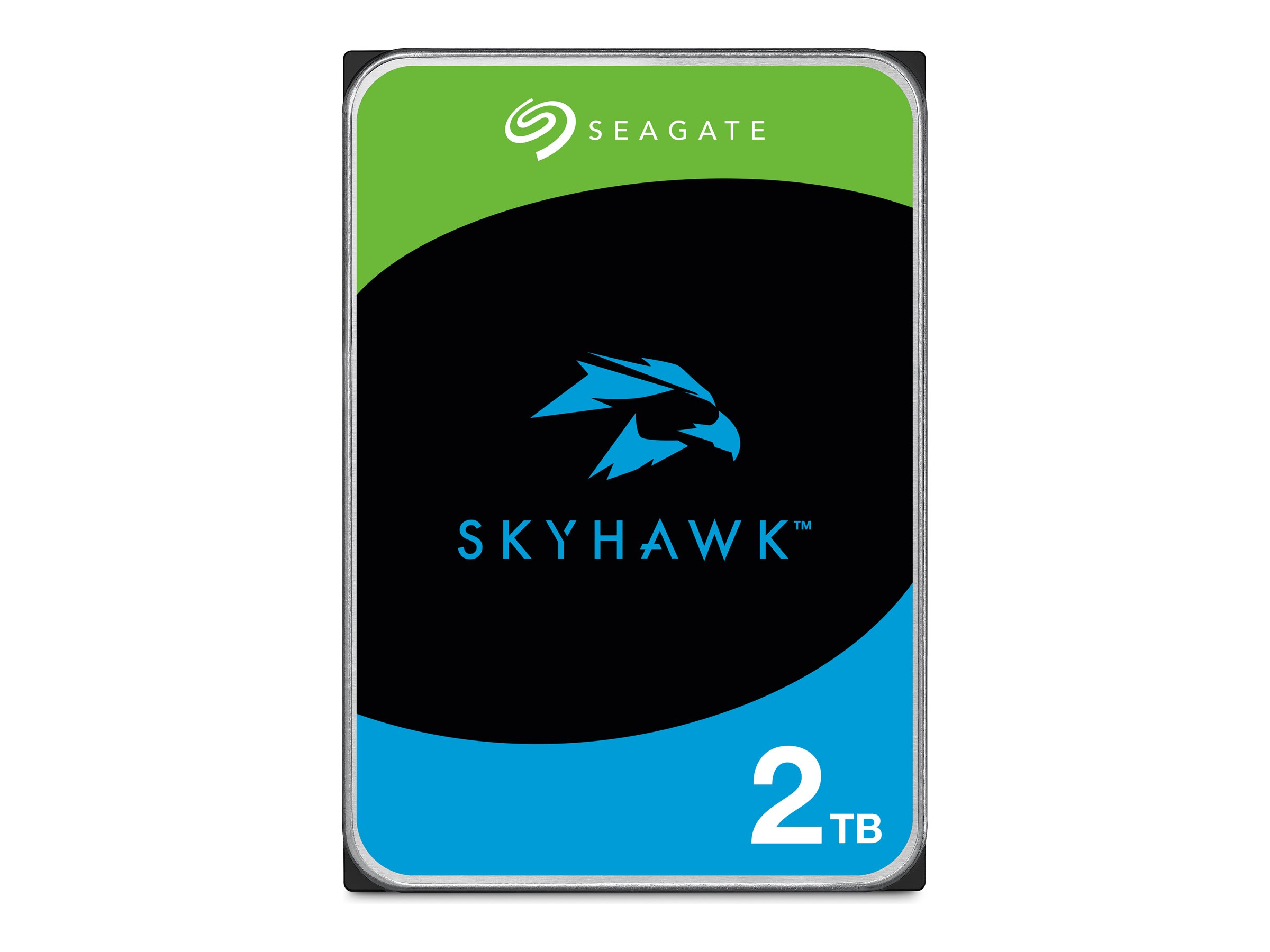 Dysk twardy Seagate Skyhawk 2 TB. Przód ma niebieski i zielony wzór.