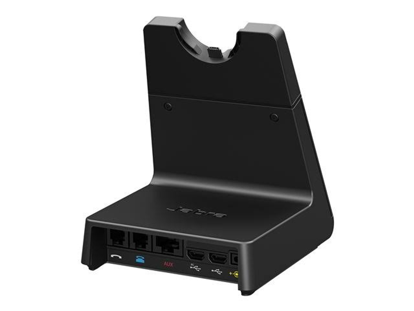 Czarna stacja bazowa Jabra do zestawu słuchawkowego. Ma kilka portów i uchwyt na górze.