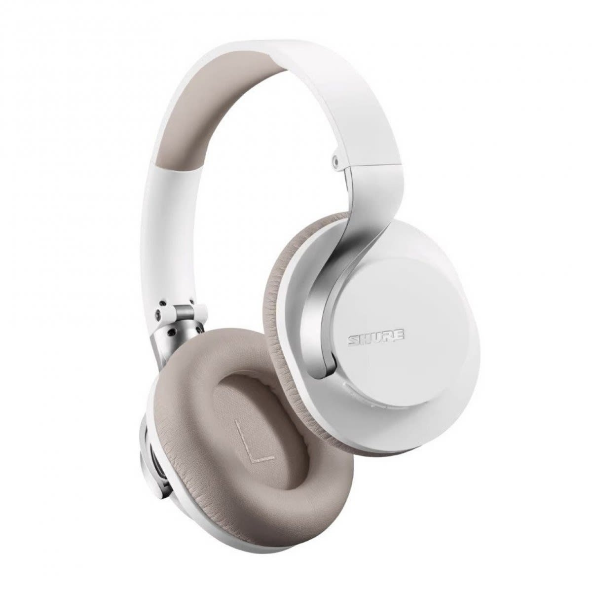 Auriculares supraaurales blancos y beige sobre un fondo blanco.