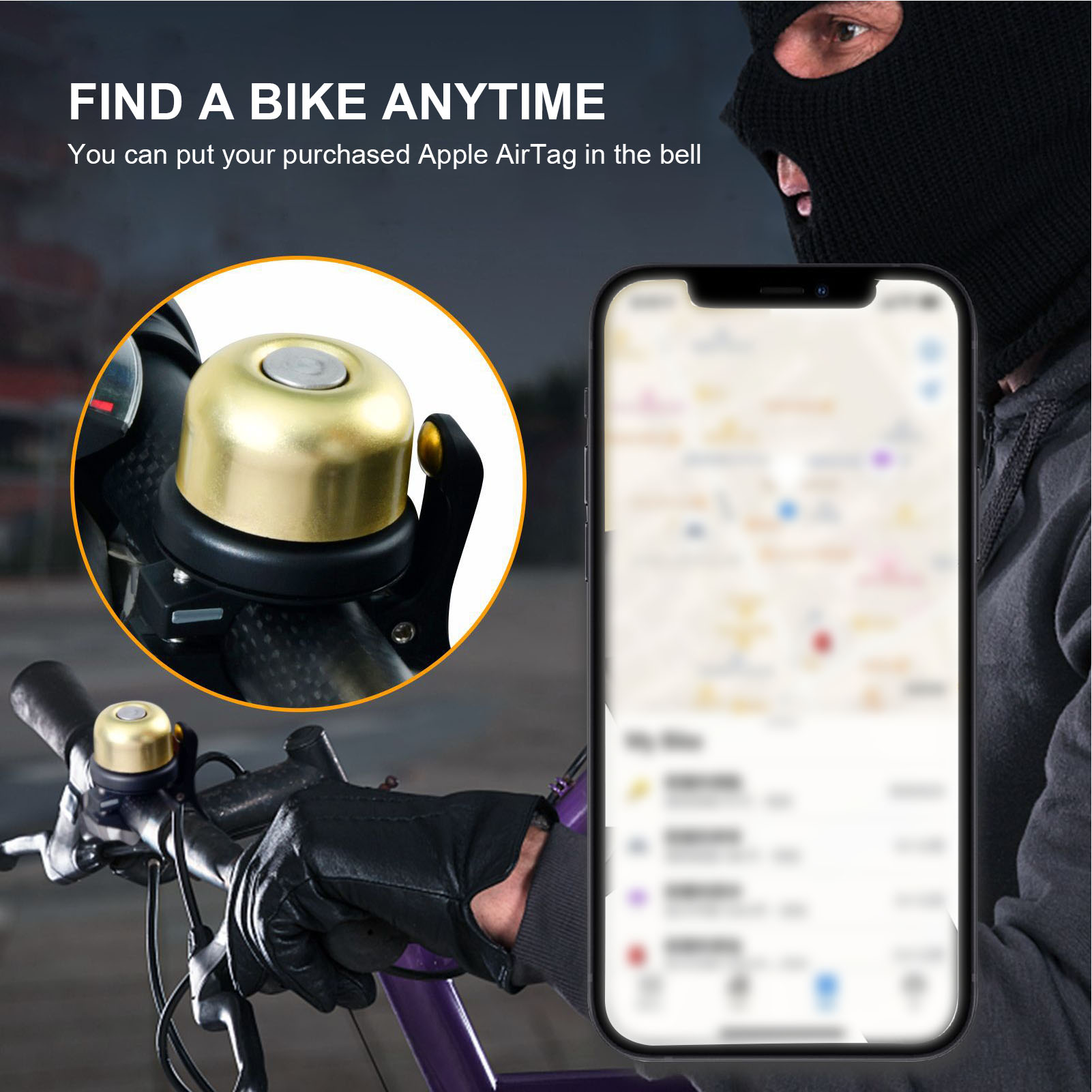 Dzwonek rowerowy ze złotym wykończeniem, telefon z mapą, osoba w czarnej masce w tle.