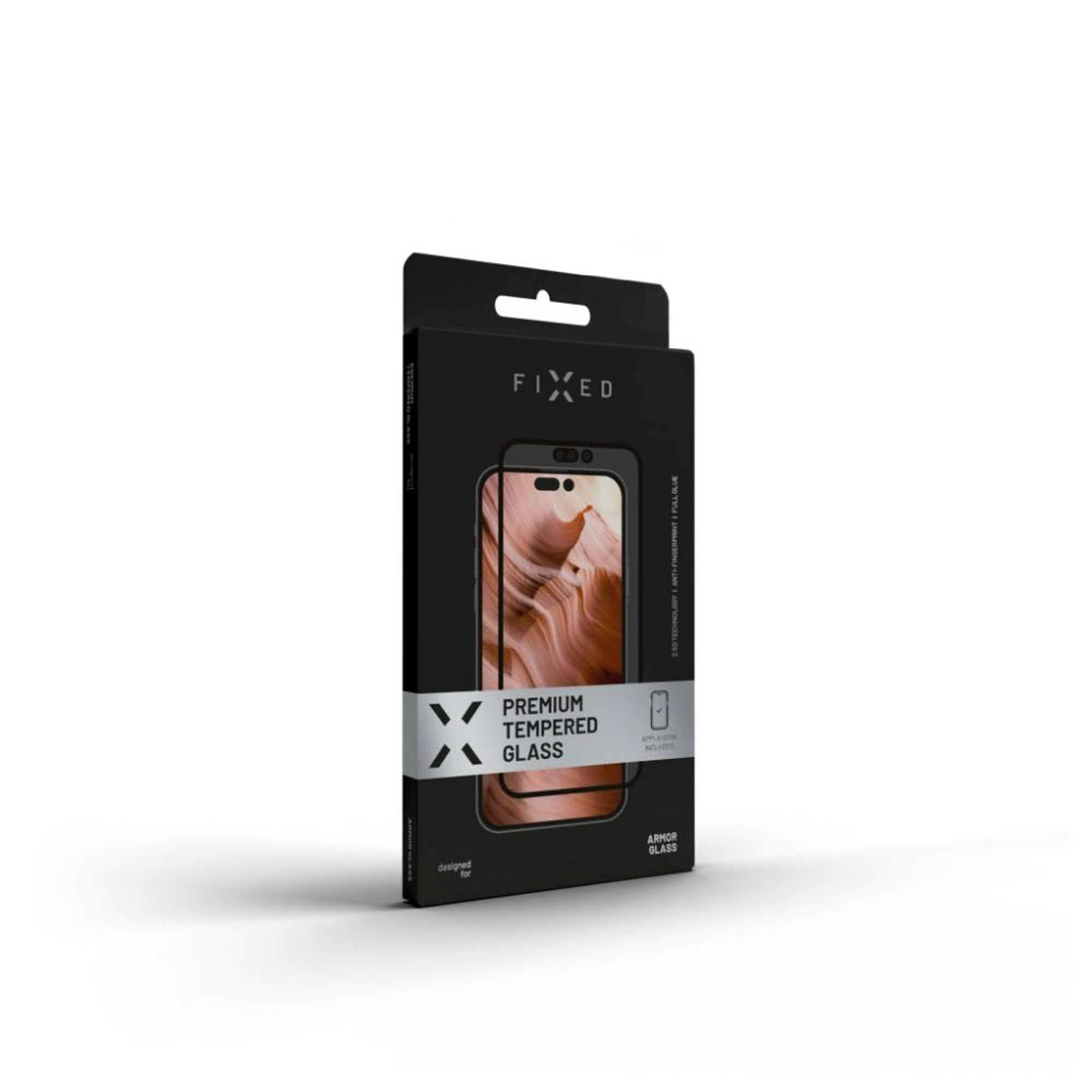 Eine Produktverpackung für eine Displayschutzfolie aus gehärtetem Glas, schwarz mit weißem Text und Grafiken, auf weißem Grund.
