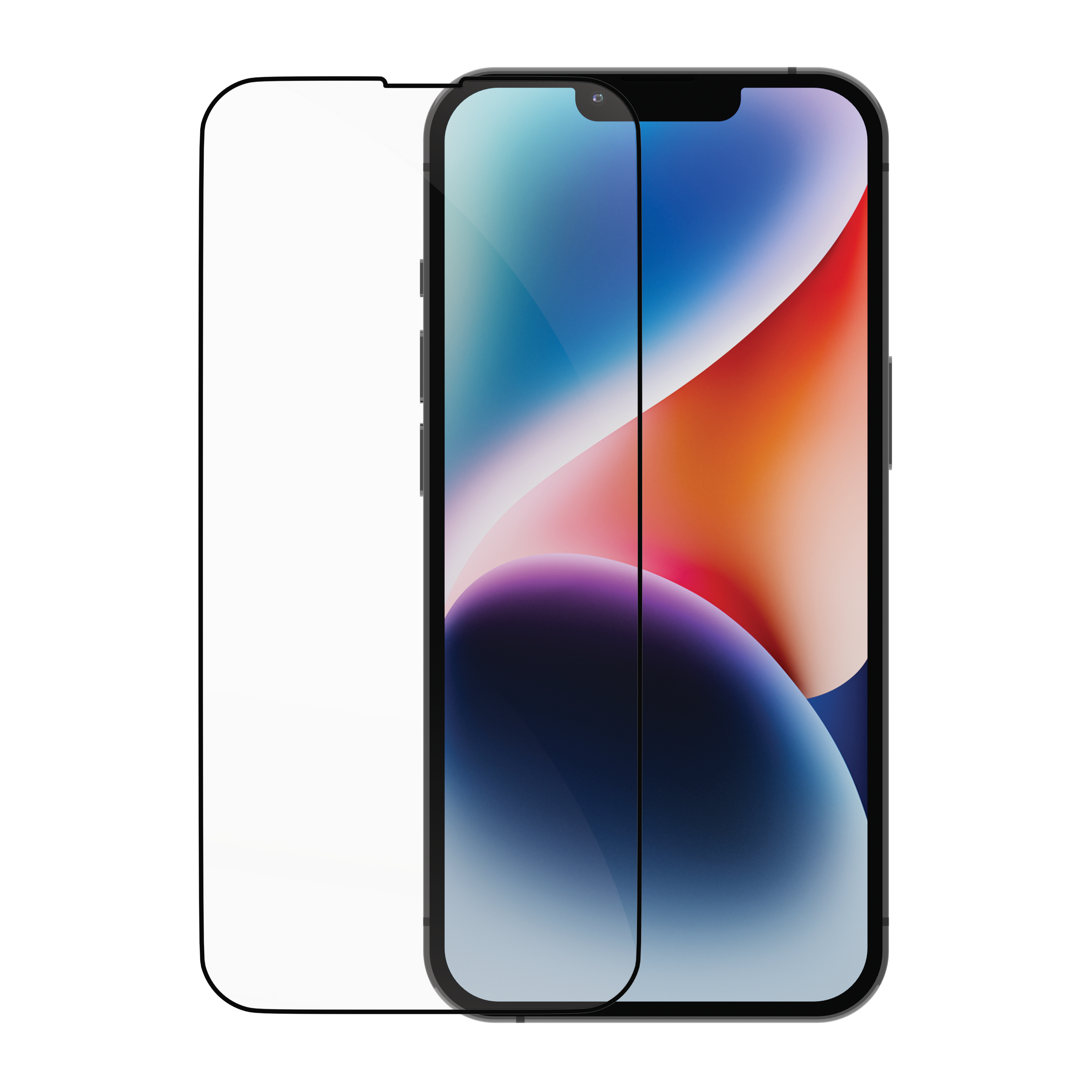 iPhone con privacy screen. Lo schermo mostra uno sfondo astratto colorato. Colore nero.
