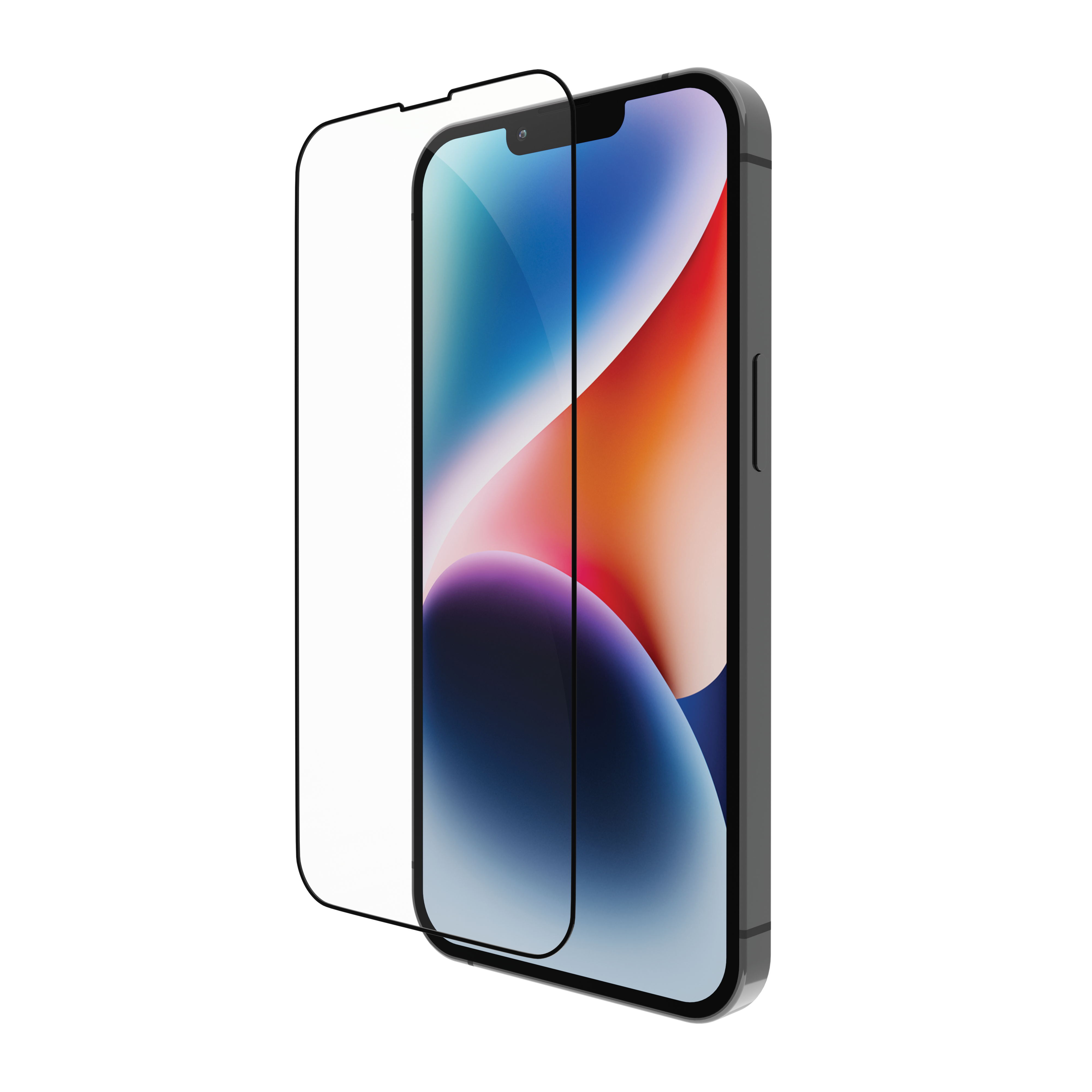 iPhone con privacy screen. Lo schermo mostra uno sfondo astratto colorato. Colore nero.