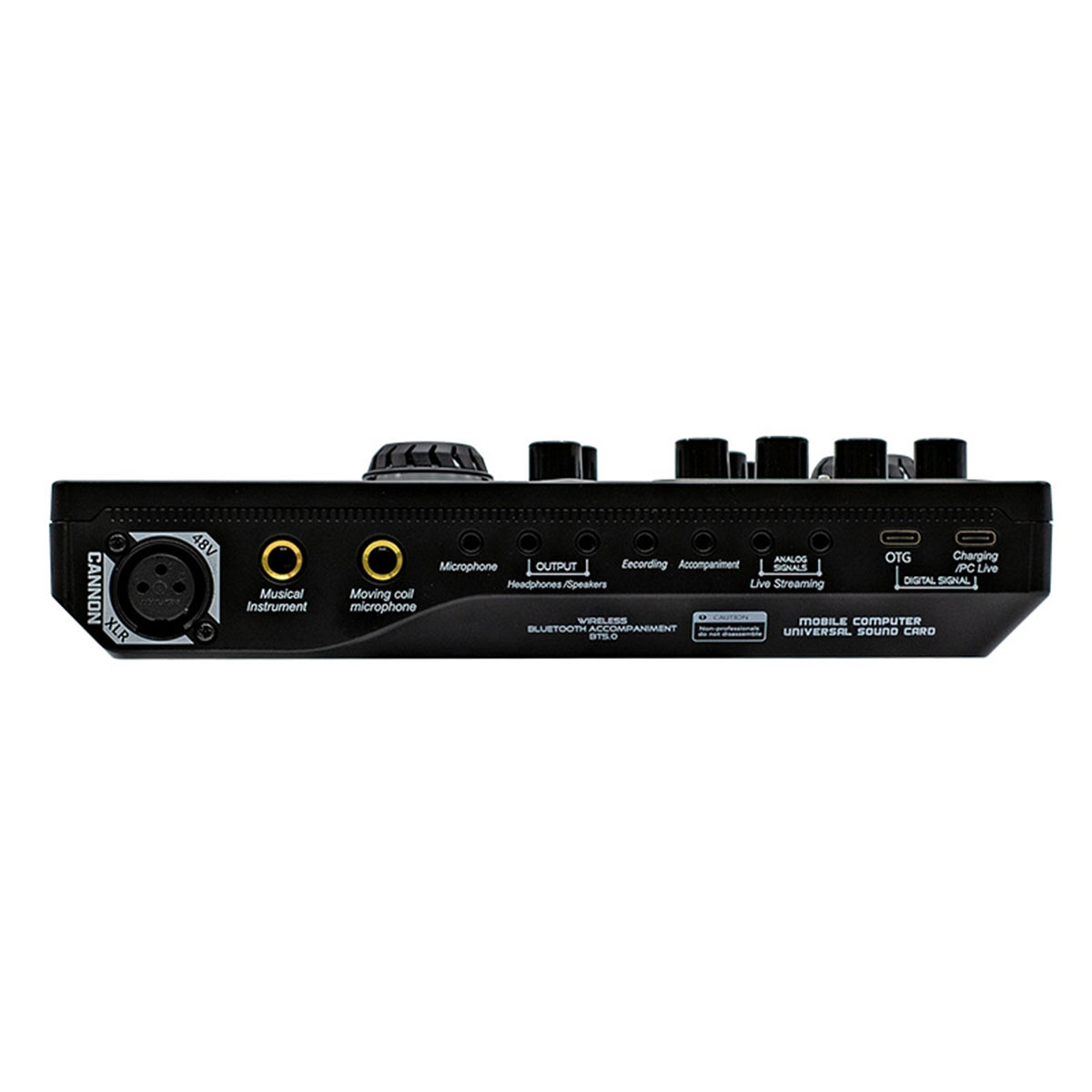 Schwarzes Audio-Interface mit verschiedenen Ein-/Ausgängen und Bedienelementen. Enthält XLR, USB und Kopfhöreranschluss.