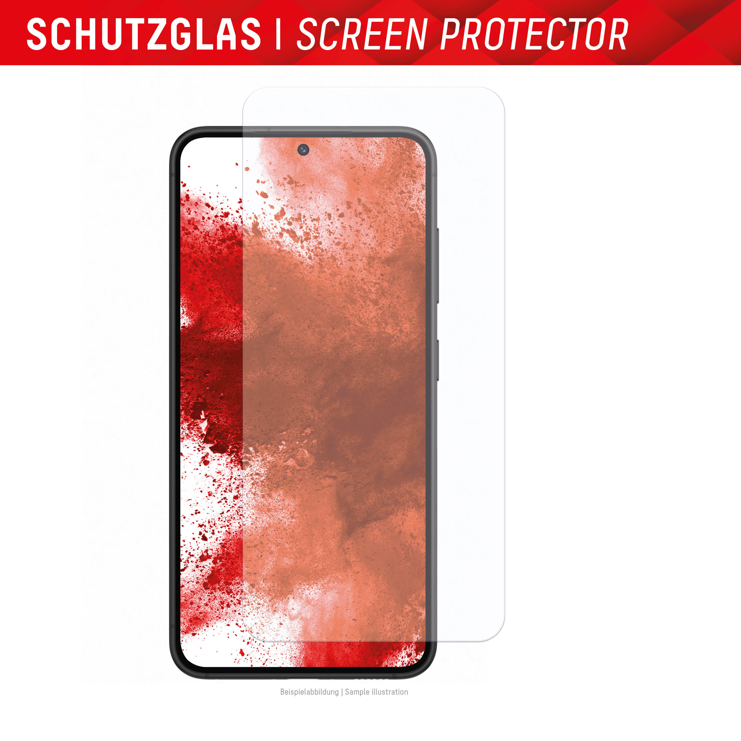 Een telefoon met een schermbeschermer. De telefoon heeft een rood/oranje display.
