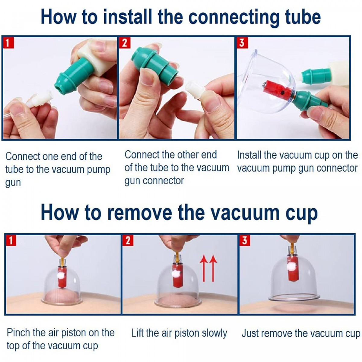 Diagram showing how to connect and remove a vacuum cup, with numbered steps.