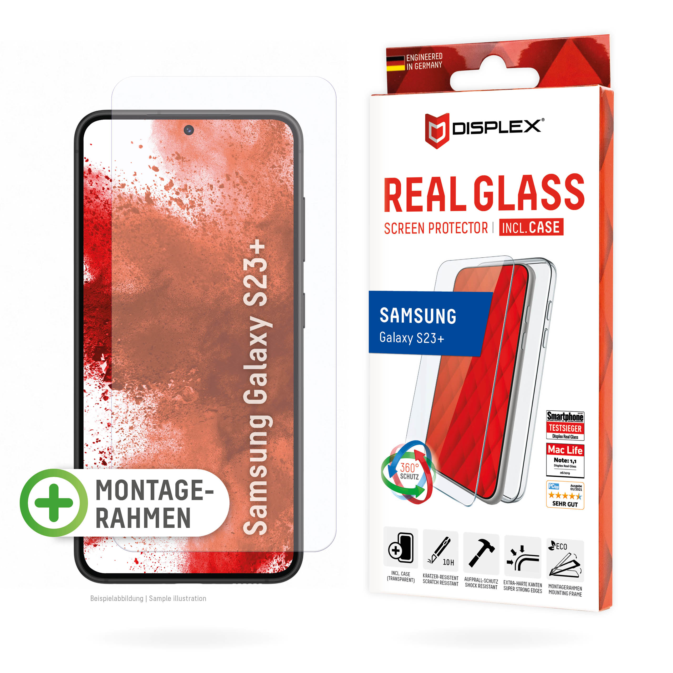 Een telefoon screenprotector doos en telefoon met screenprotector, met een rode afbeelding.