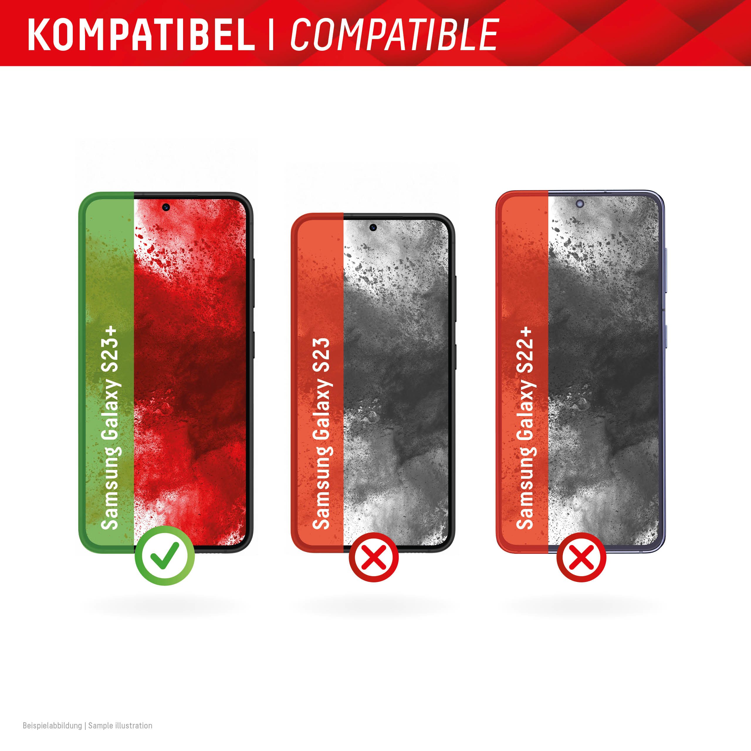 Compatibiliteitstabel: Samsung Galaxy S23+ compatibel, S23 en S22+ niet.