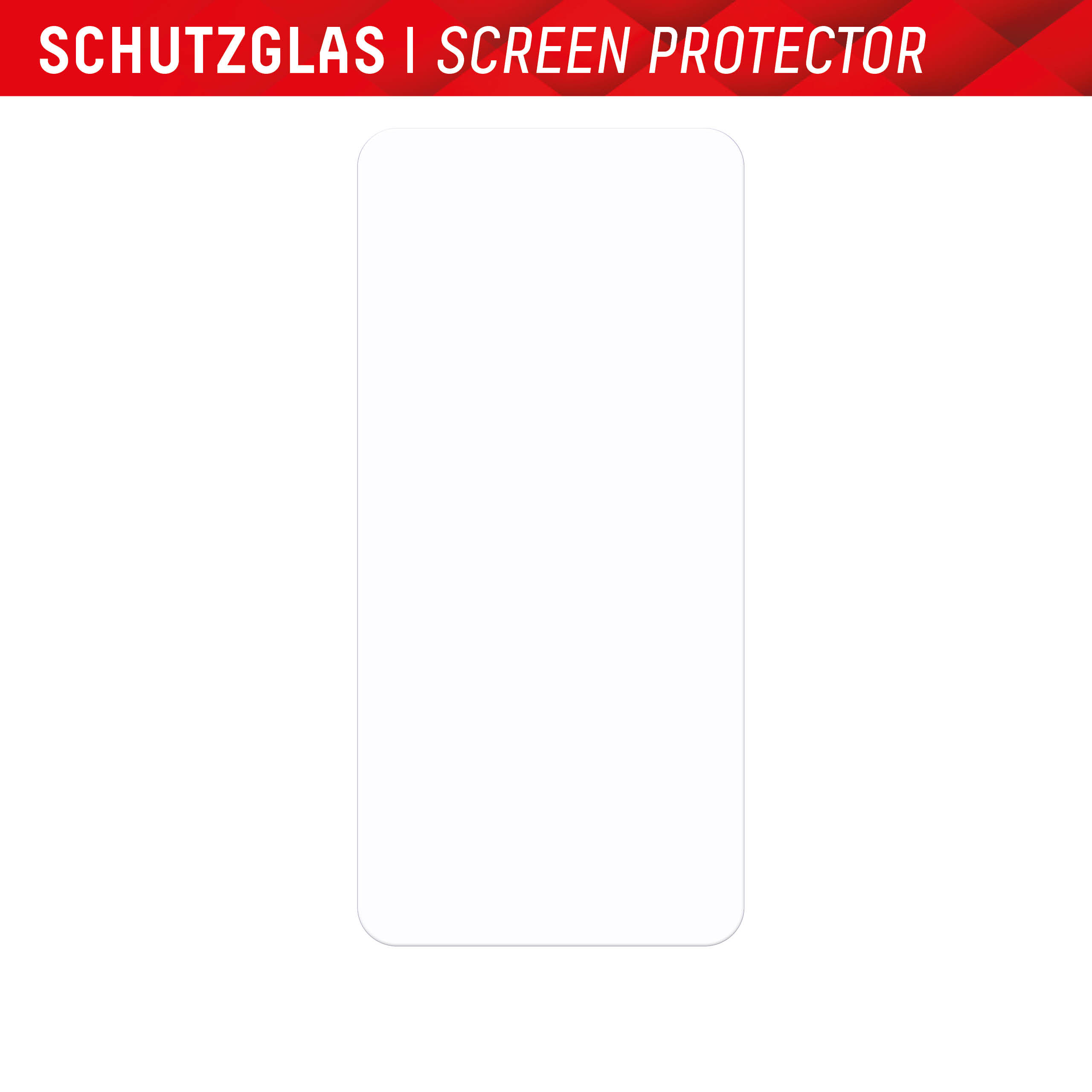 Witte schermbeschermer met tekst 'SCHUTZGLAS I SCREEN PROTECTOR' op rode achtergrond.
