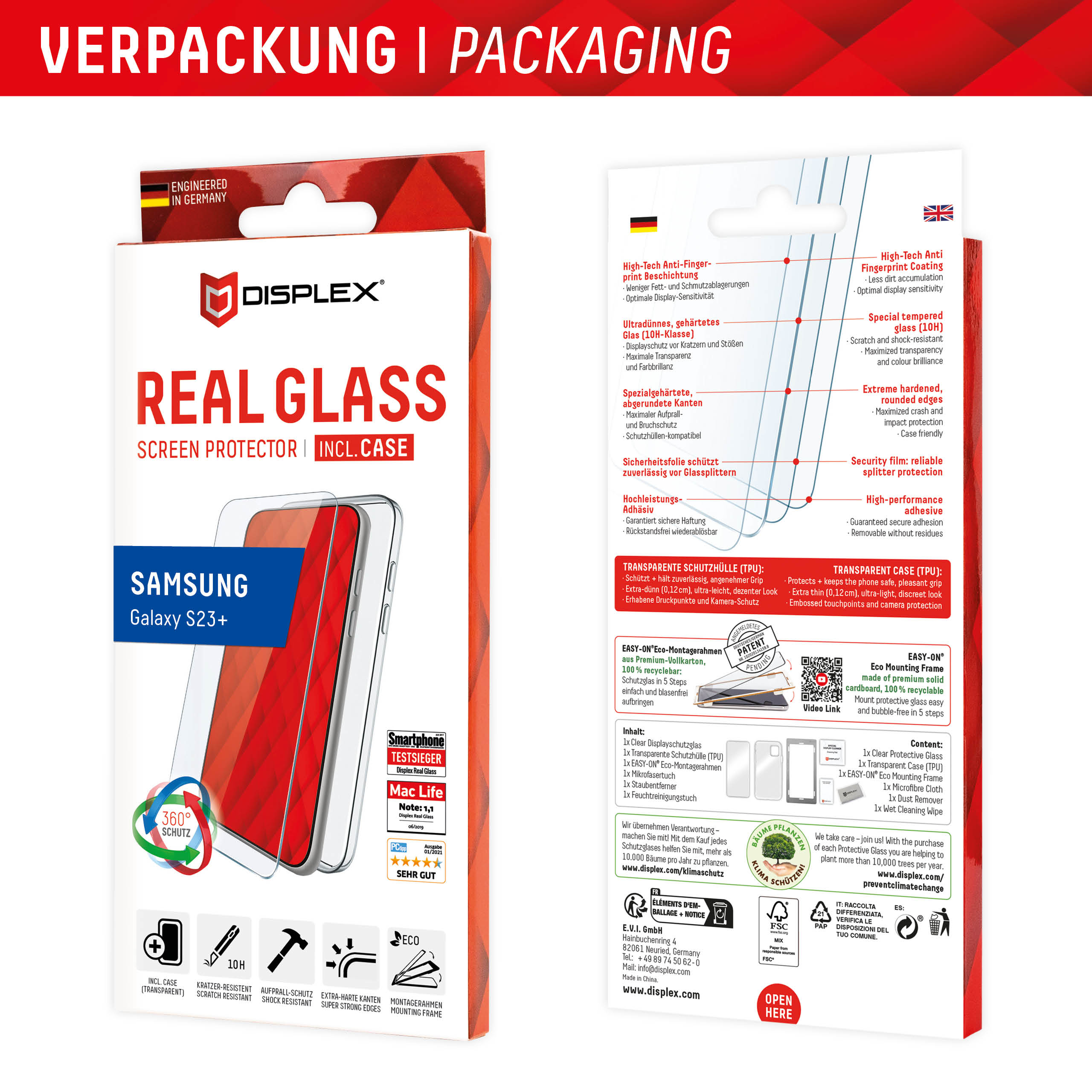 Een telefoon screenprotector doos toont telefoon en functies zoals krasbestendigheid.