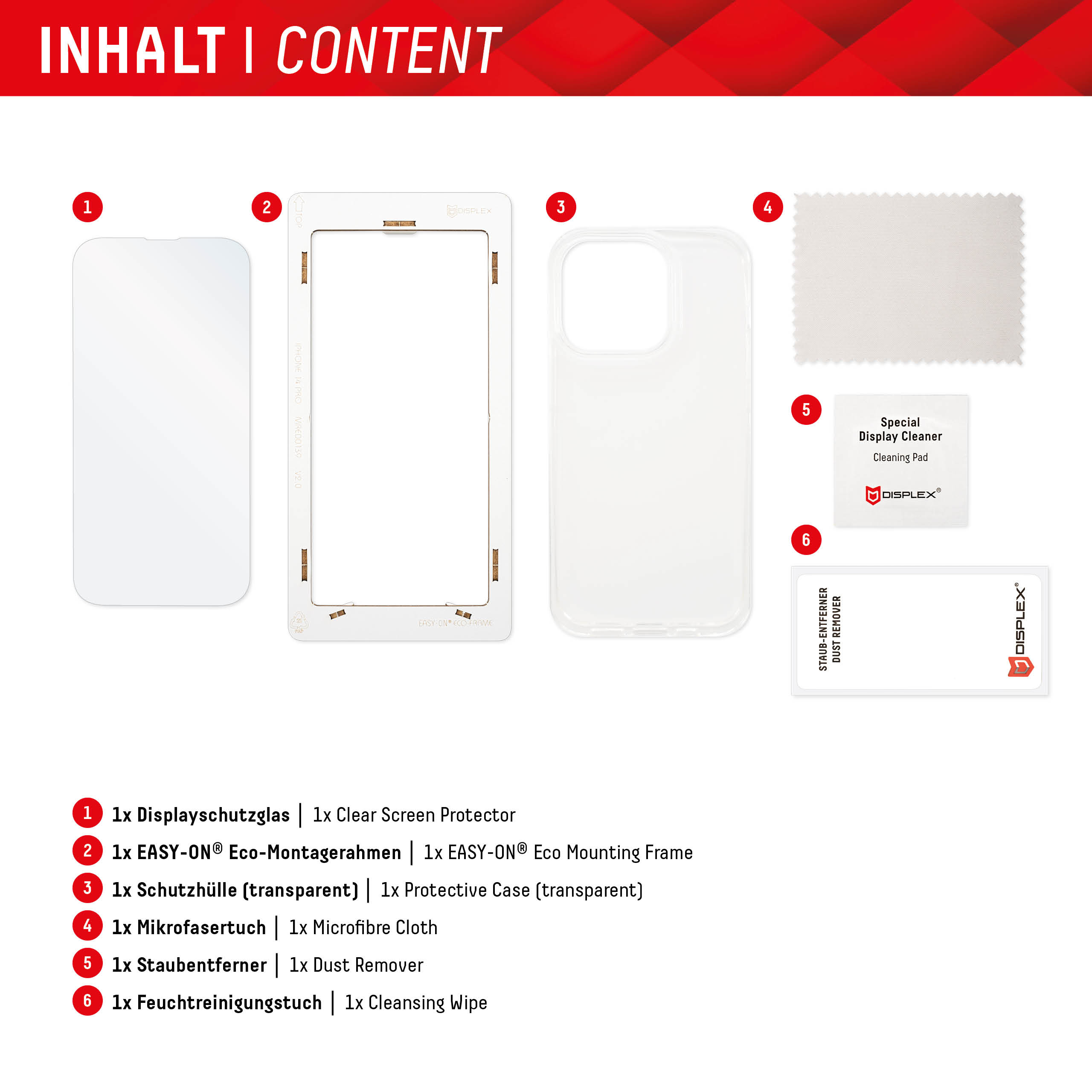 Inhoud van een schermbeschermerset voor telefoons.