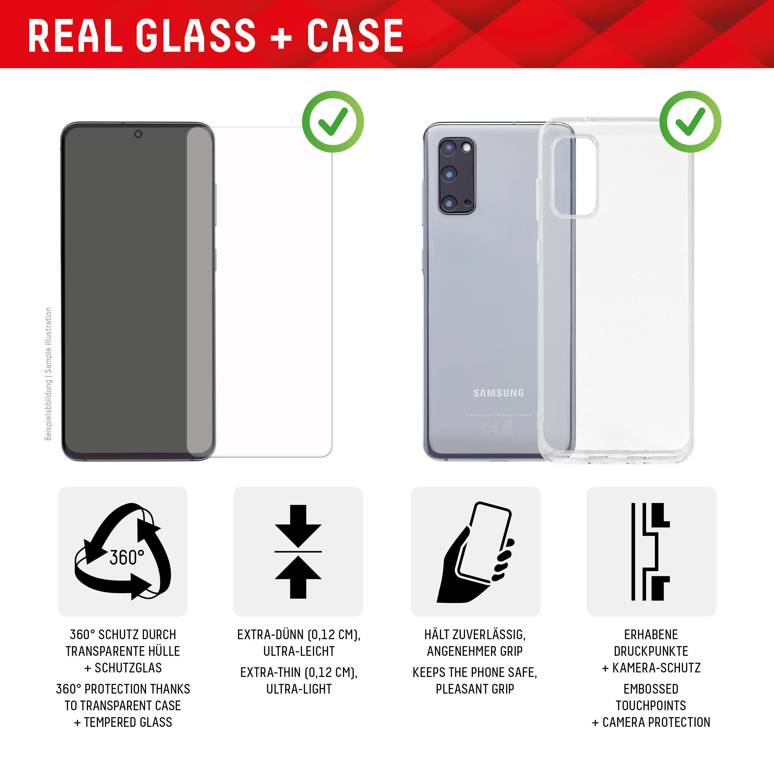 Twee telefoonhoesjes en een telefoon met tekst: Echt glas + Hoesje.