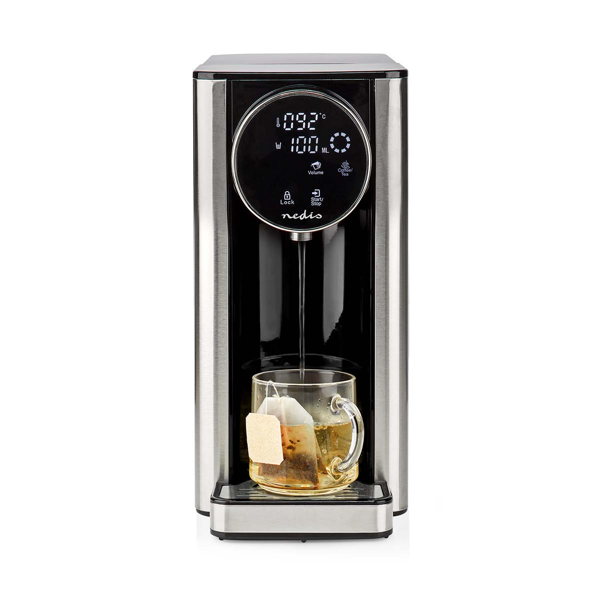 Wasserkocher aus Edelstahl mit Digitalanzeige, Temperaturanzeige und Teebeutel in einer Tasse.