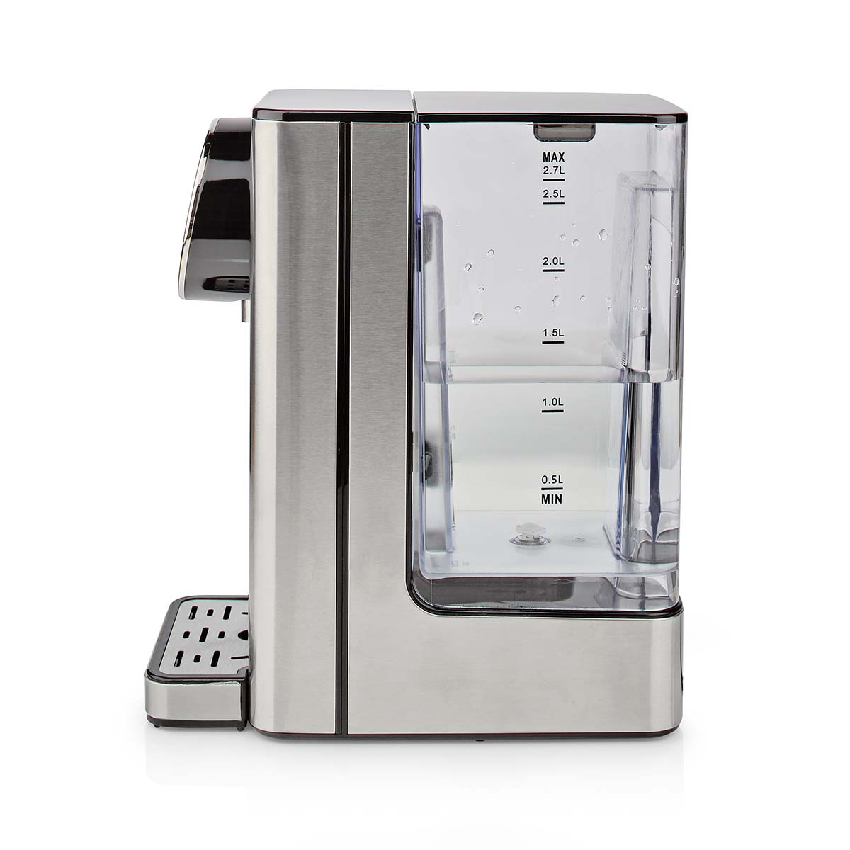 Edelstahl-Wasserkocher mit transparentem Wasserbehälter, der Füllstände anzeigt.