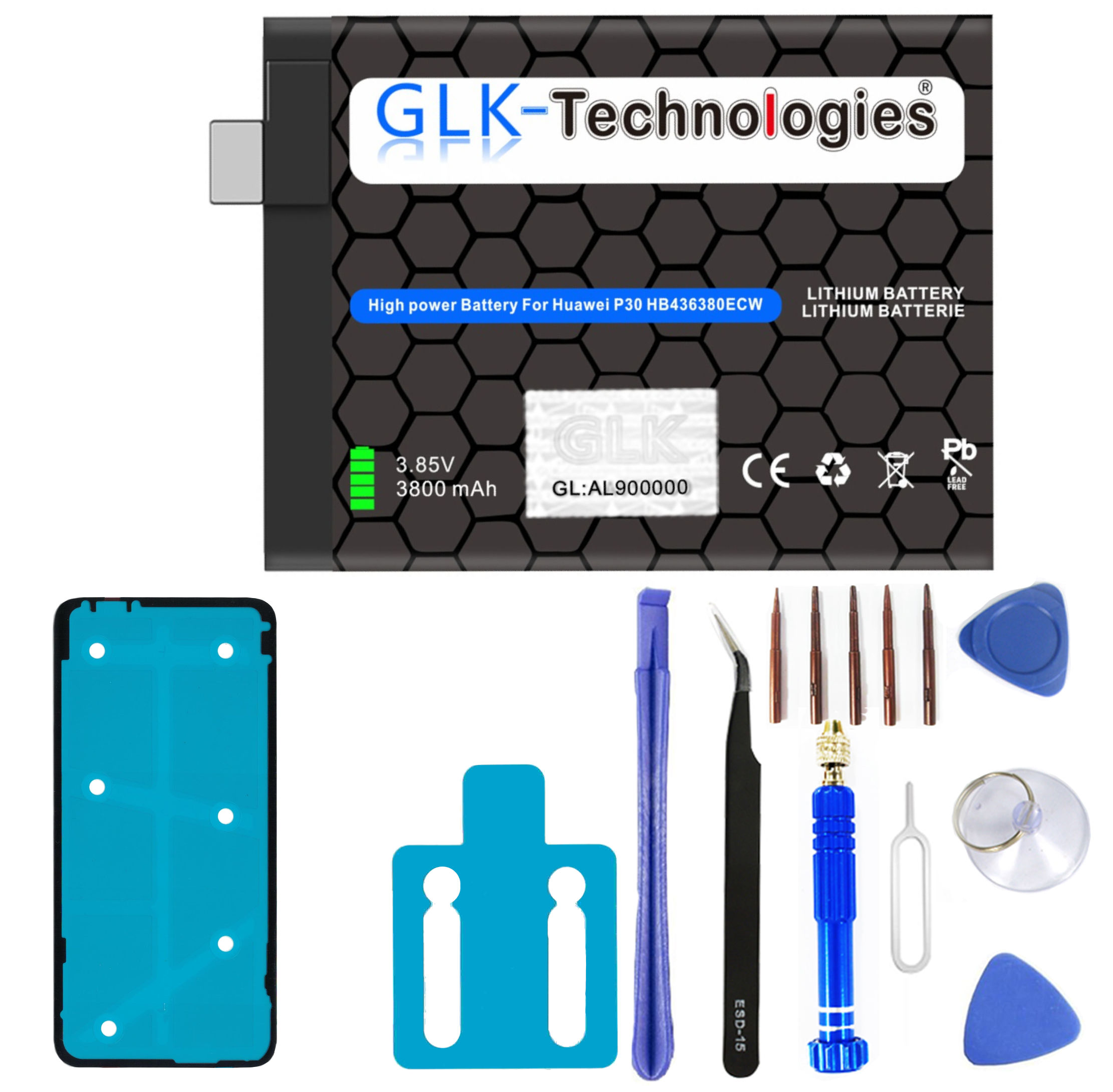 Telefonbatterie mit Reparaturwerkzeugen. Die Batterie hat Text und ein Etikett. Weißer Hintergrund.